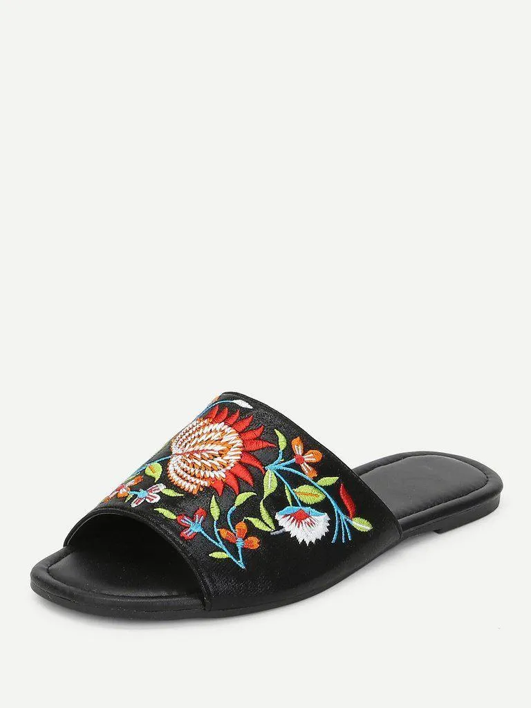 Flower Embroidered Flat Sandals