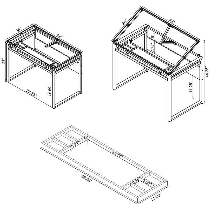 Glass Top Drafting Desk Dark Gunmetal And Chestnut