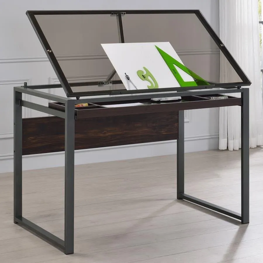 Glass Top Drafting Desk Dark Gunmetal And Chestnut