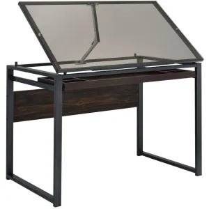Glass Top Drafting Desk Dark Gunmetal And Chestnut