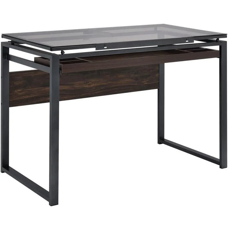 Glass Top Drafting Desk Dark Gunmetal And Chestnut