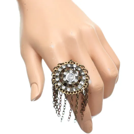 Gold Spinning Wheel Rhinestone Adjustable Chain Ring