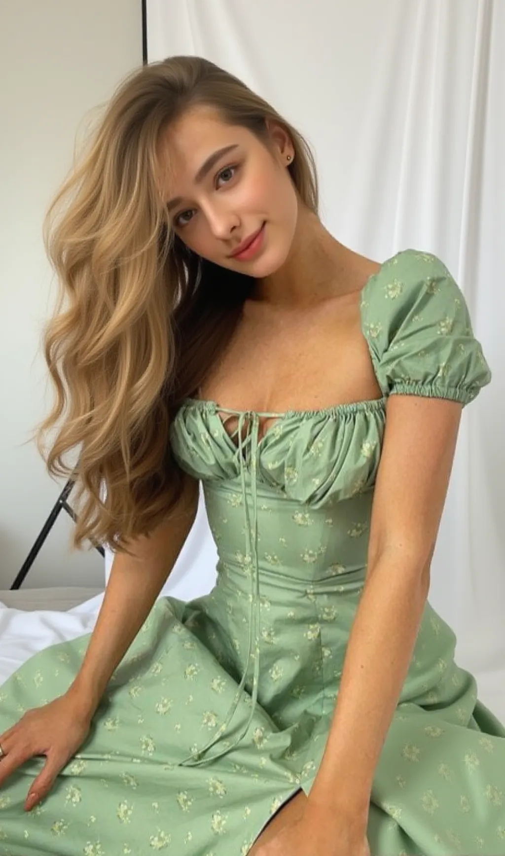 GREEN VINTAGE FLORAL PUFF SLEEVE MIDI DRESS