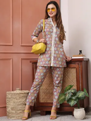 Grey and Pink Abstract Printed Cotton Co-Ord Set for Women | S-3XL | Claura