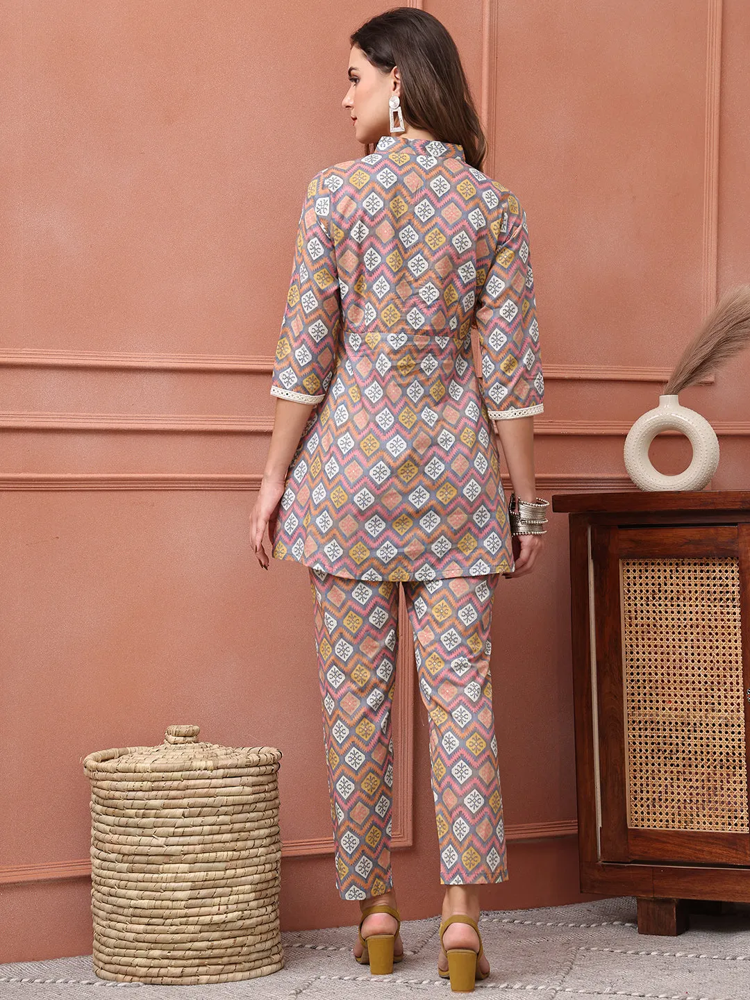Grey and Pink Abstract Printed Cotton Co-Ord Set for Women | S-3XL | Claura