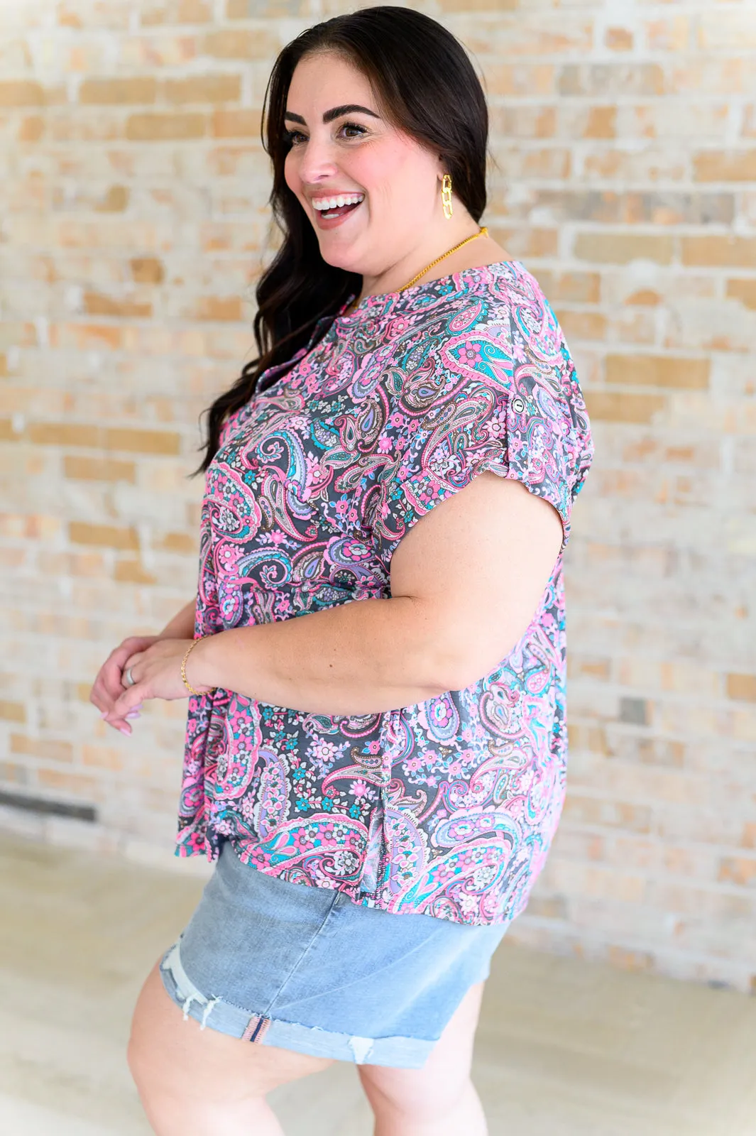 Hazel Blues® |  Lizzy Cap Sleeve Top in Charcoal and Pink Paisley