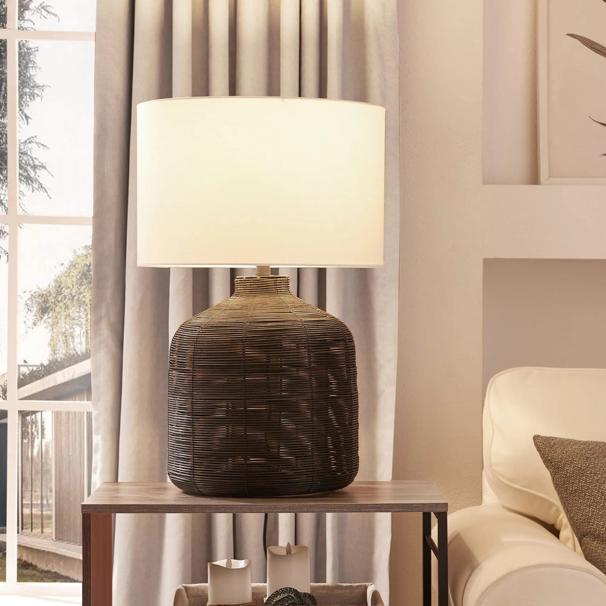 Henn&Hart 27" Tall Oversized/Rattan Table Lamp with Fabric Shade in Black Rattan/White, Lamp, Desk Lamp for Home or Office - open_box