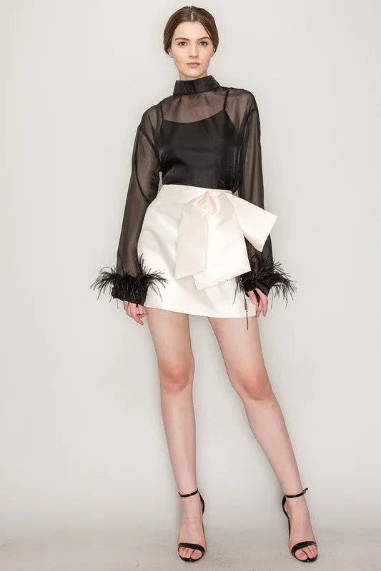 High Neck Sheer Feather Trimmed Blouse