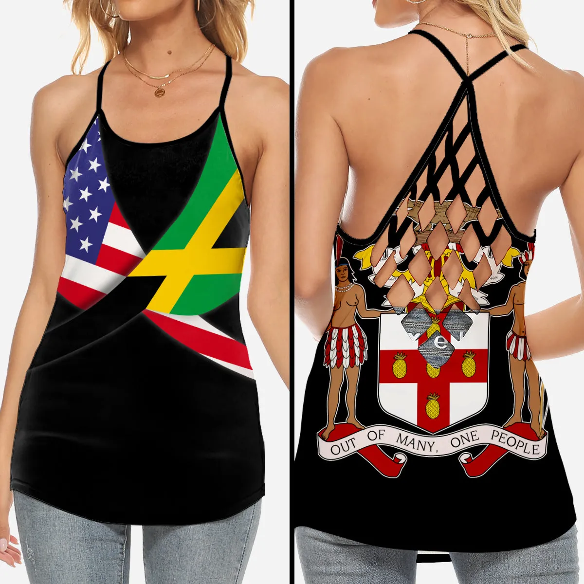 Jamaica Coat Of Arms Flag Criss Cross Tank Top With American Flag