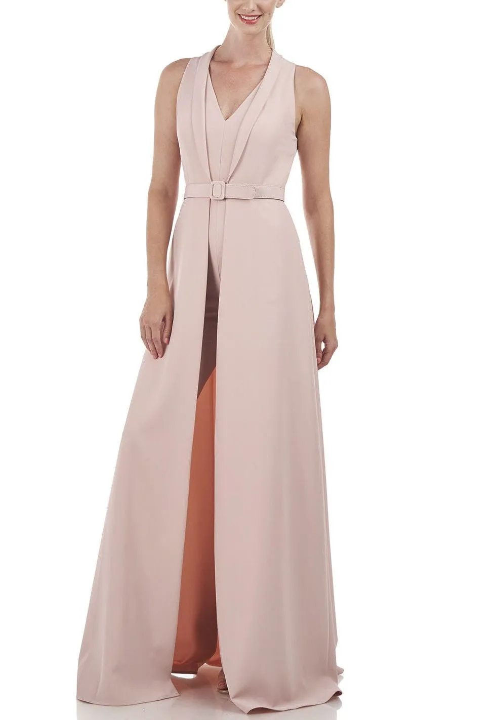 Kay Unger 5549274 V-neck Sleeveless Zipper Back Tapered Leg Belted Stretch