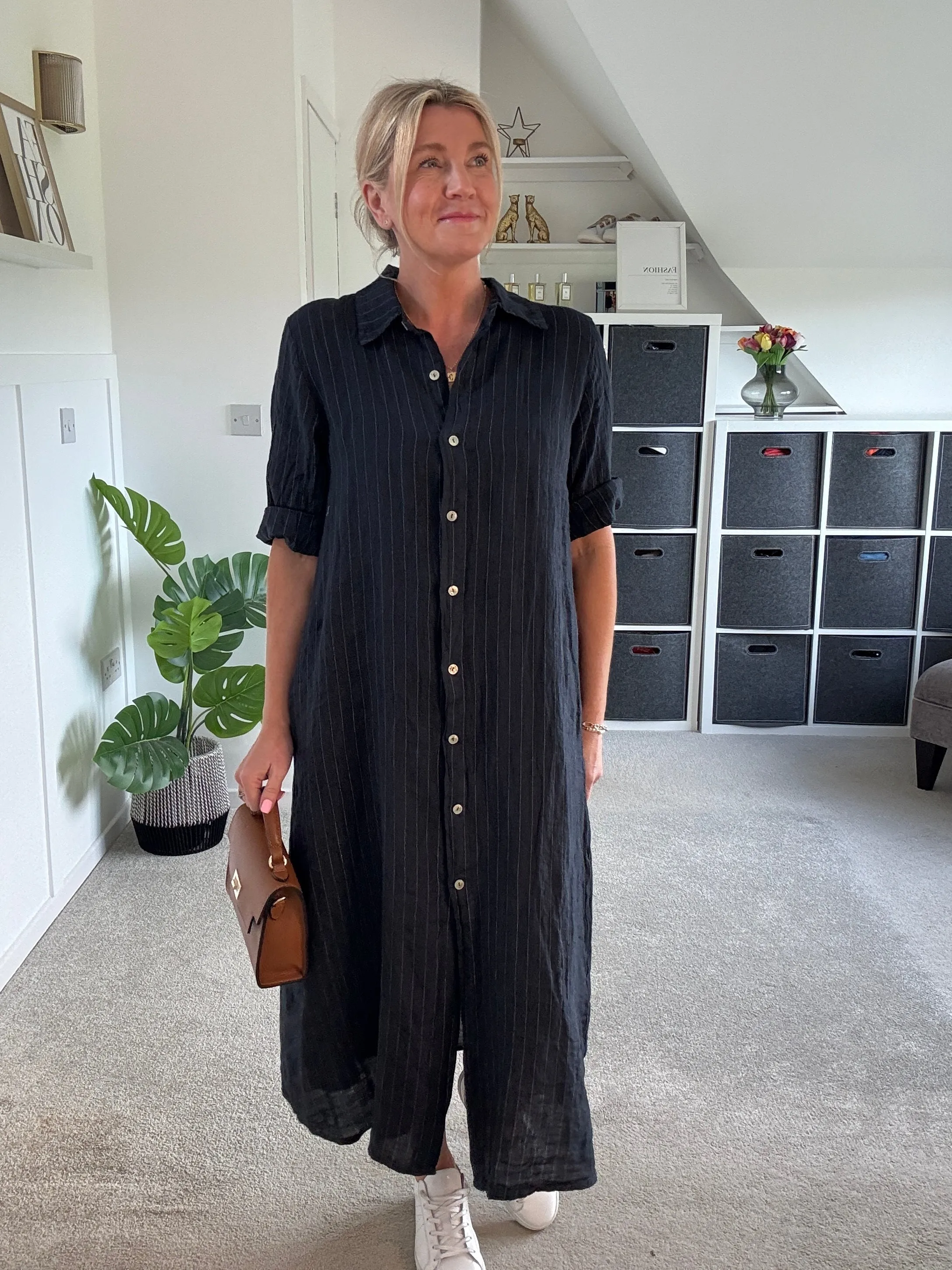 Khaki Pinstripe Linen Shirt Dress