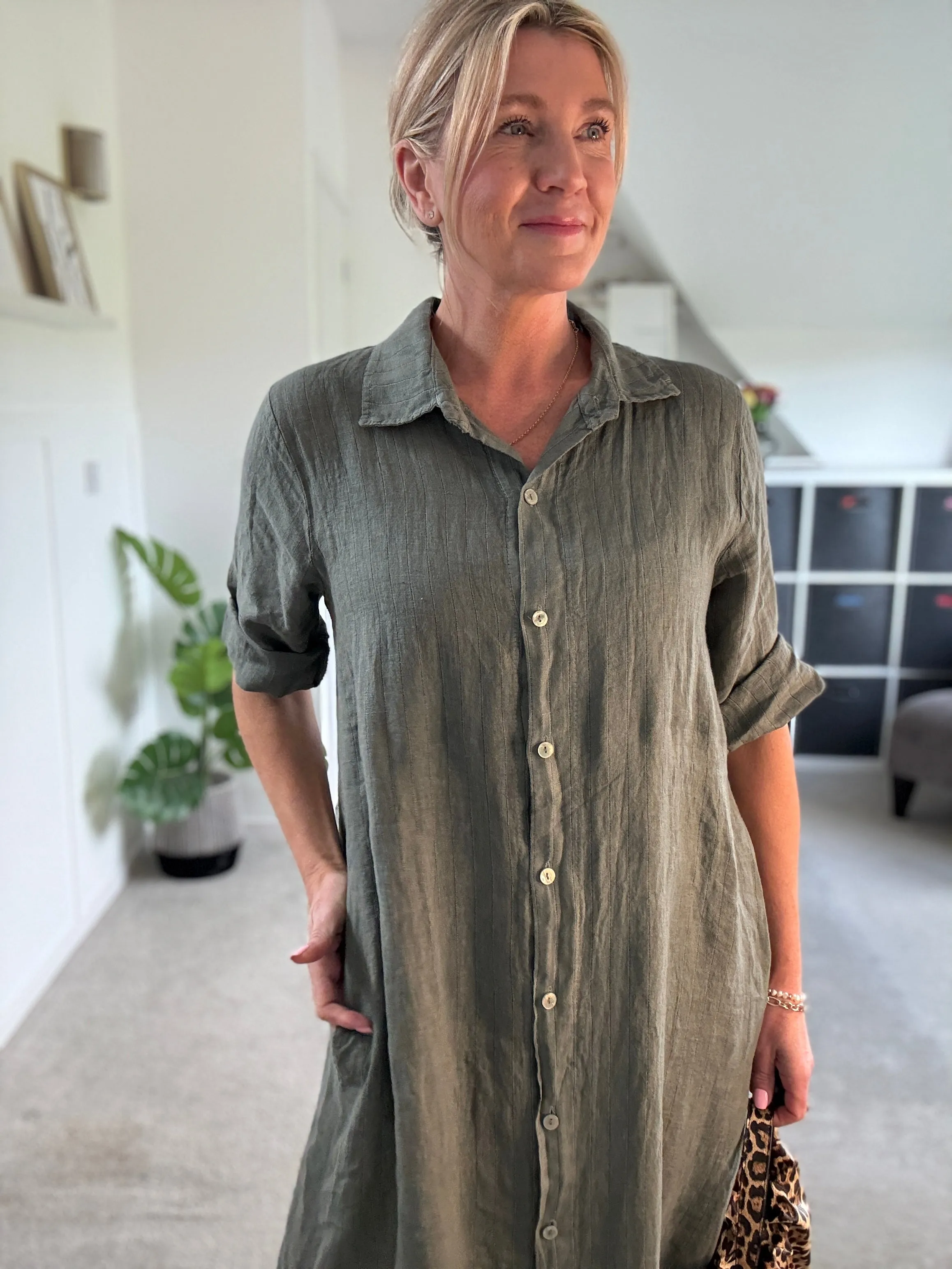 Khaki Pinstripe Linen Shirt Dress