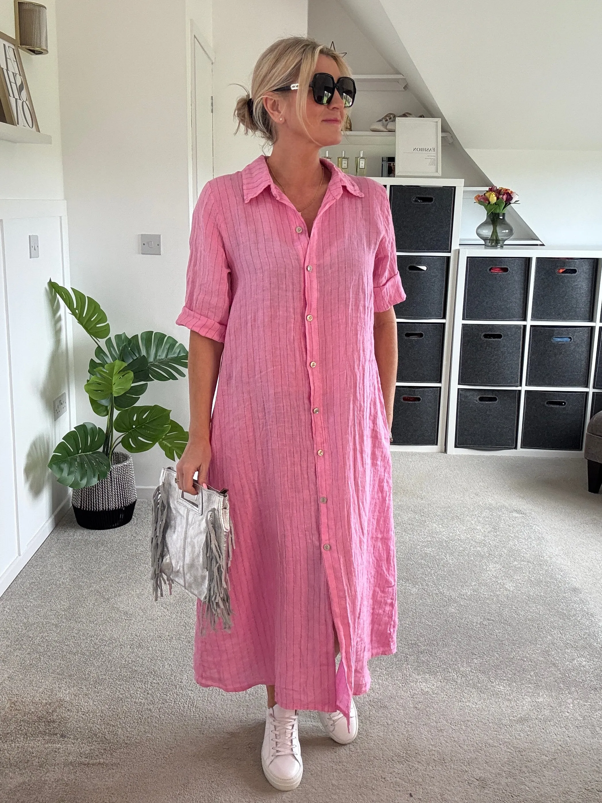 Khaki Pinstripe Linen Shirt Dress