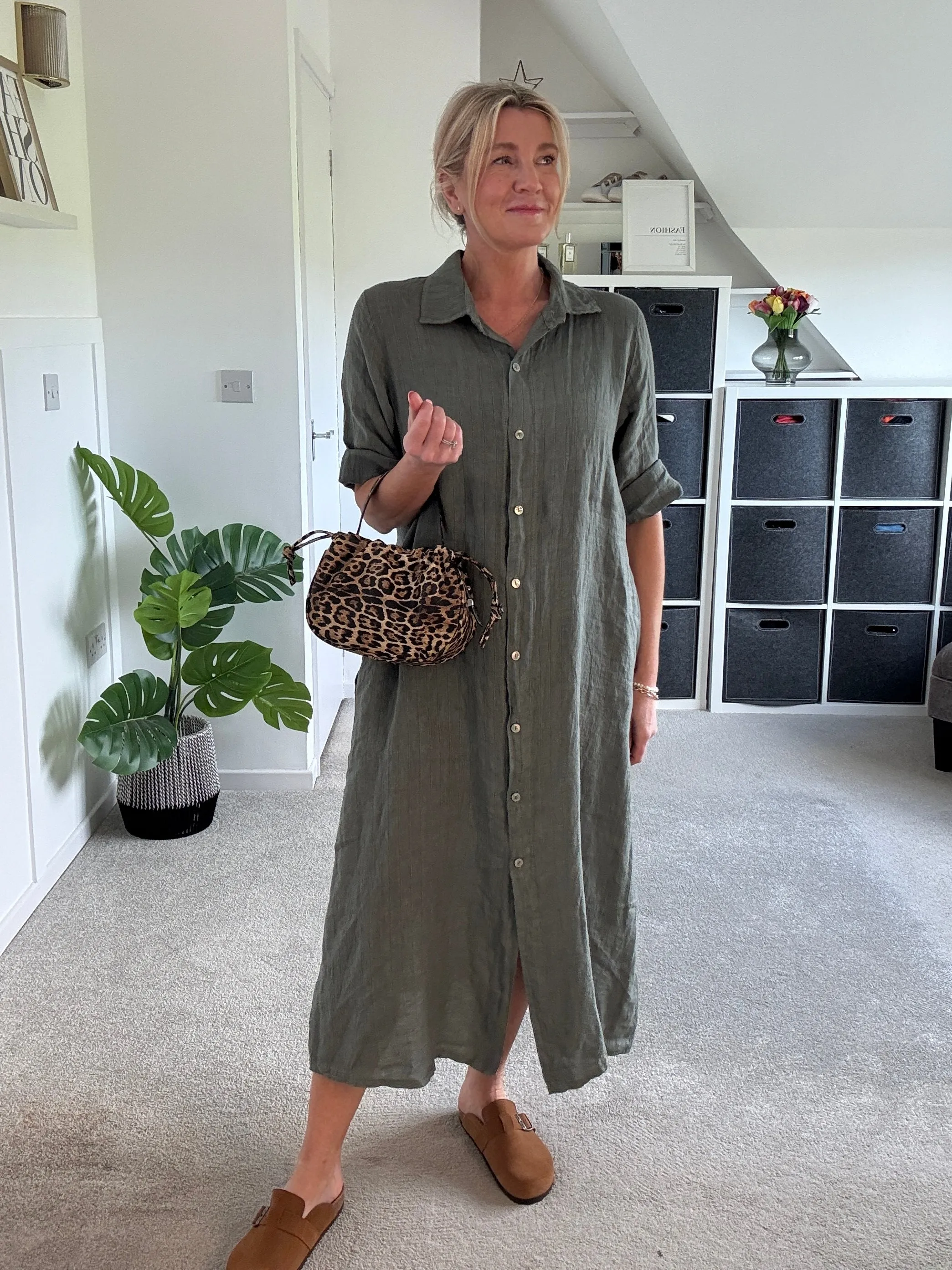 Khaki Pinstripe Linen Shirt Dress