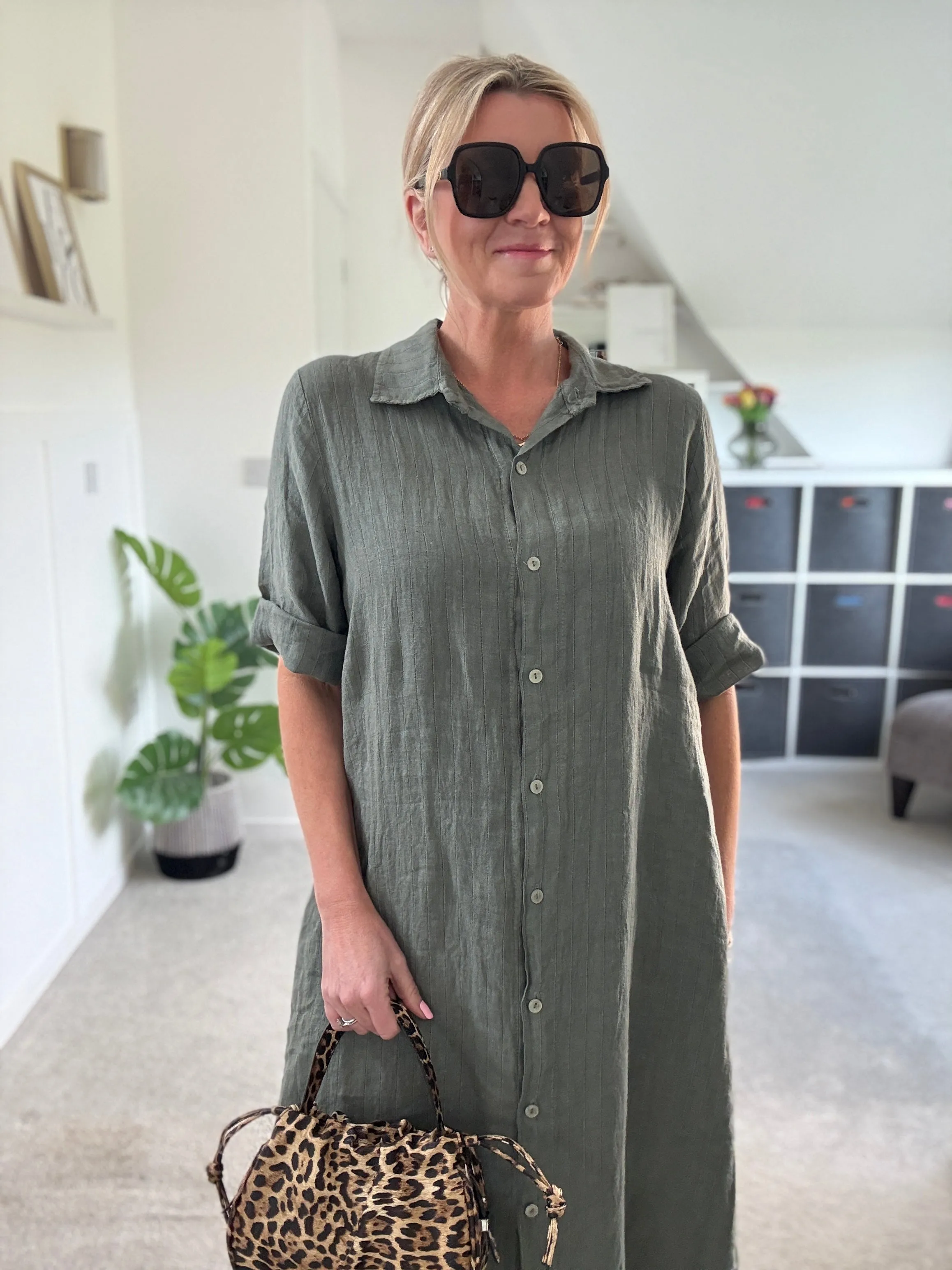 Khaki Pinstripe Linen Shirt Dress