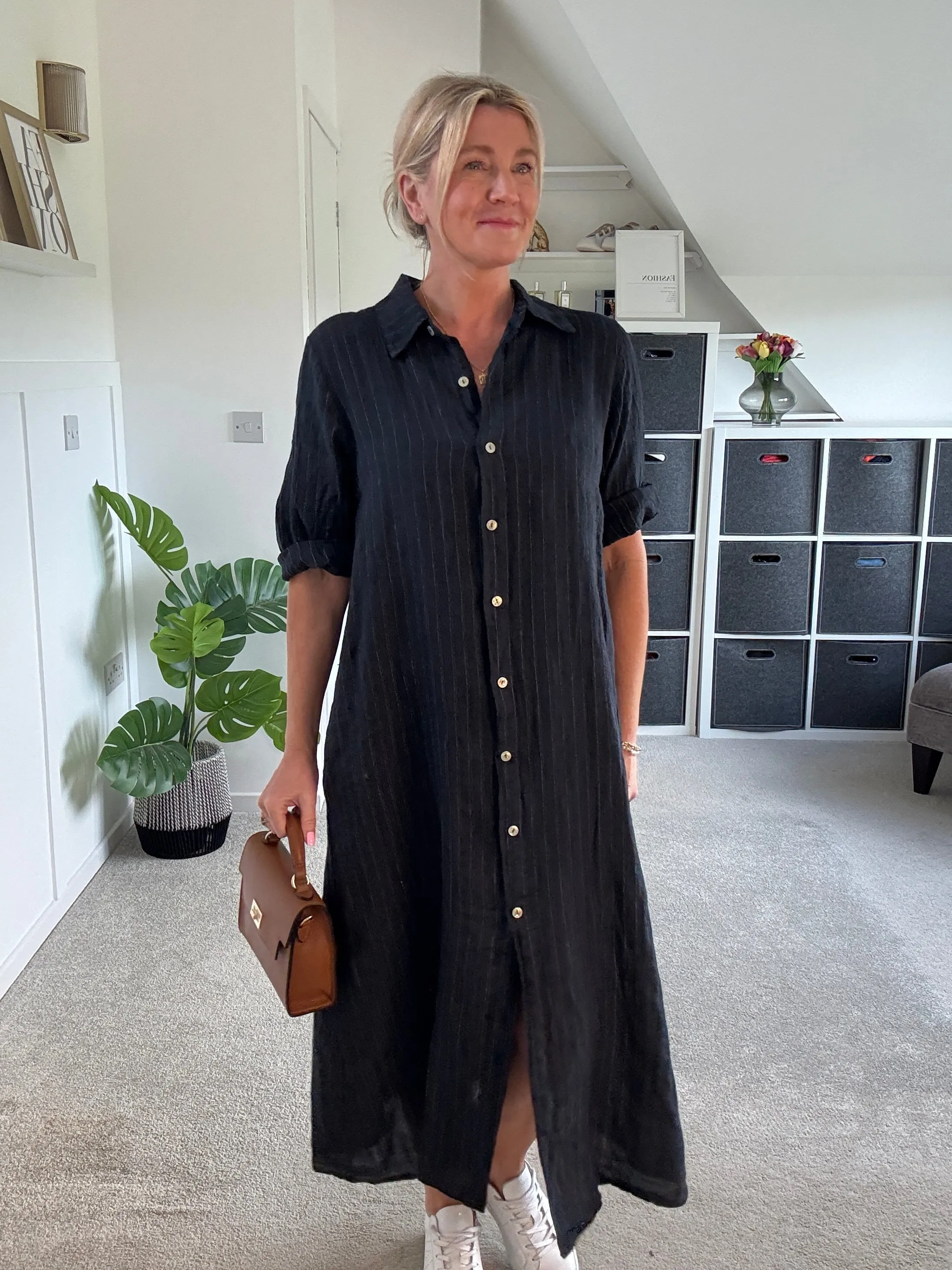 Khaki Pinstripe Linen Shirt Dress