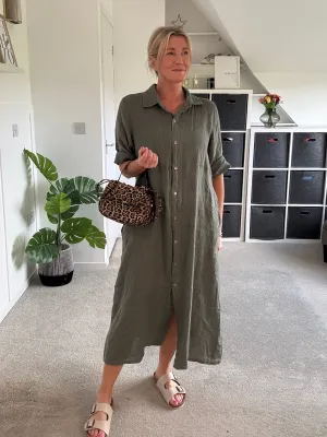 Khaki Pinstripe Linen Shirt Dress