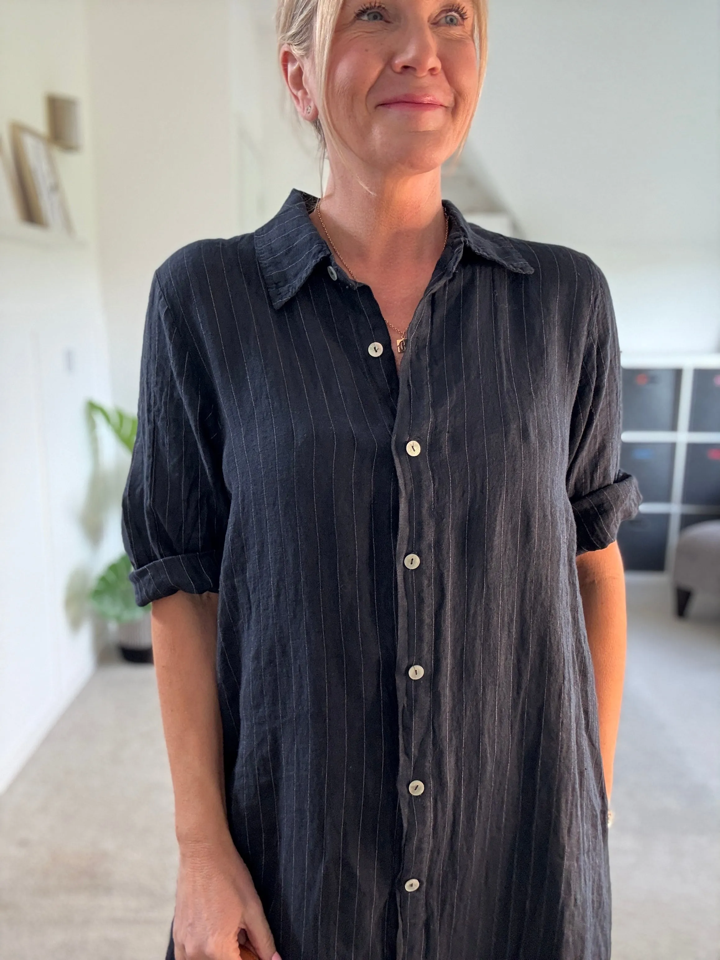 Khaki Pinstripe Linen Shirt Dress