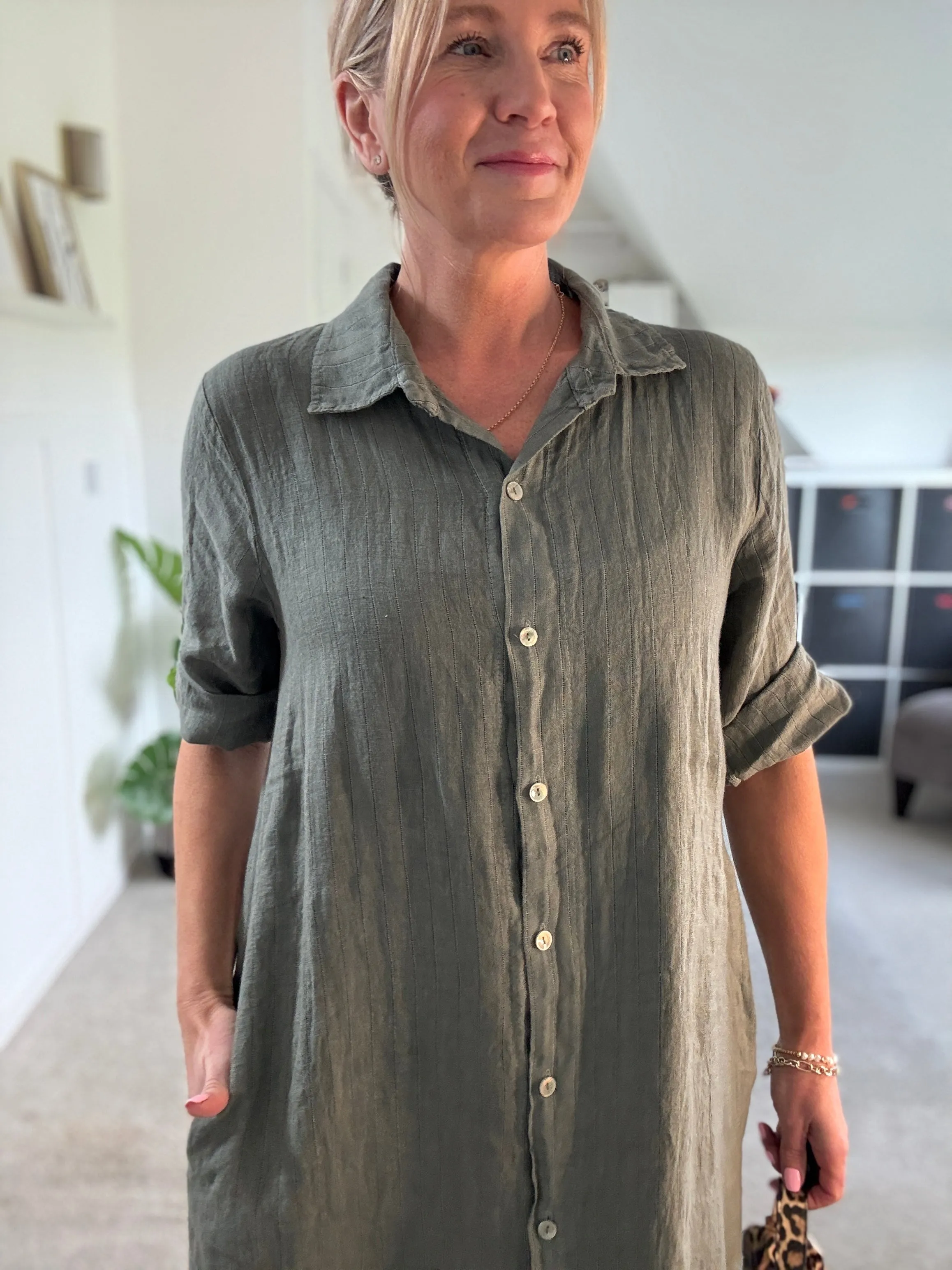 Khaki Pinstripe Linen Shirt Dress