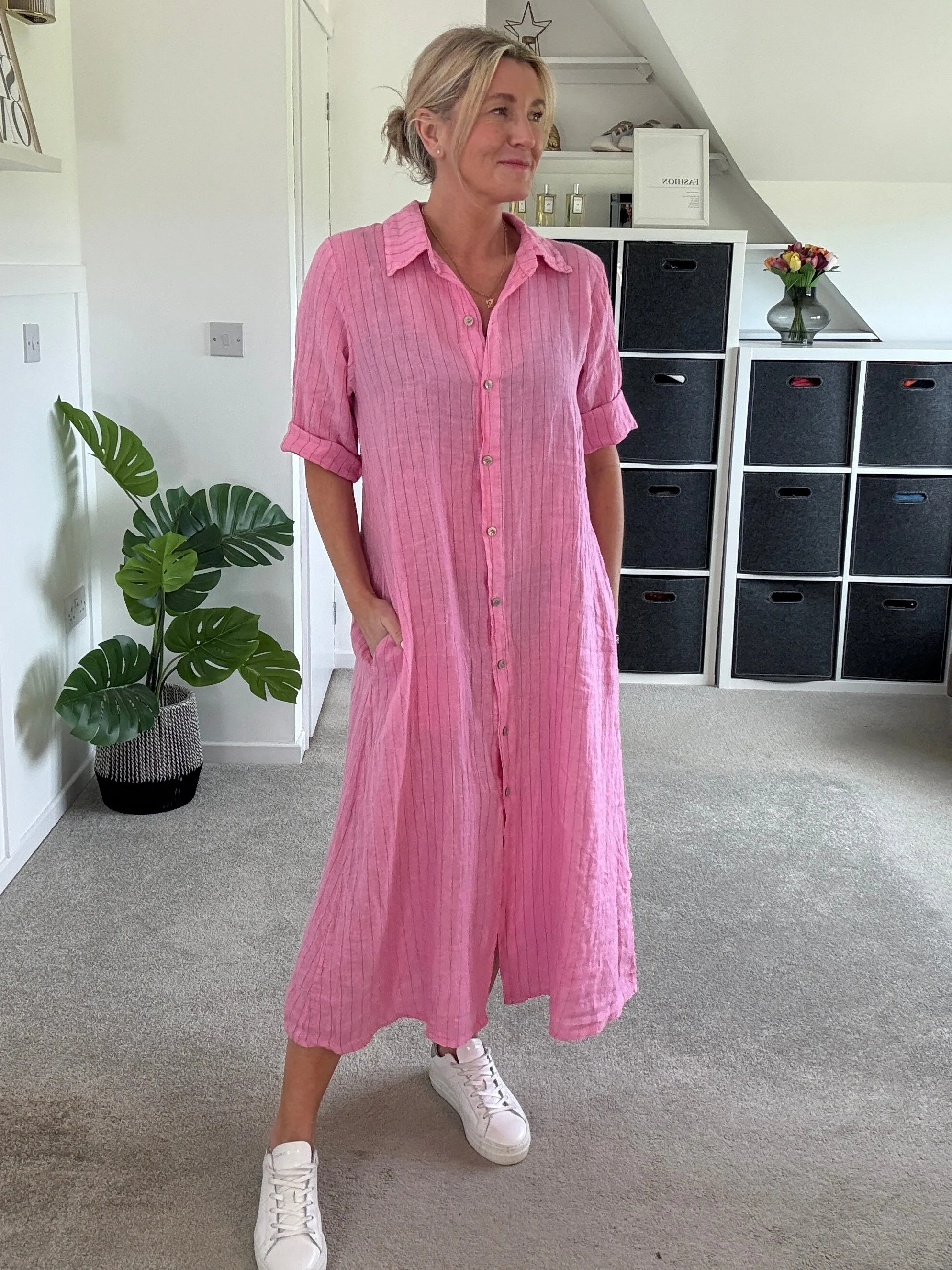 Khaki Pinstripe Linen Shirt Dress
