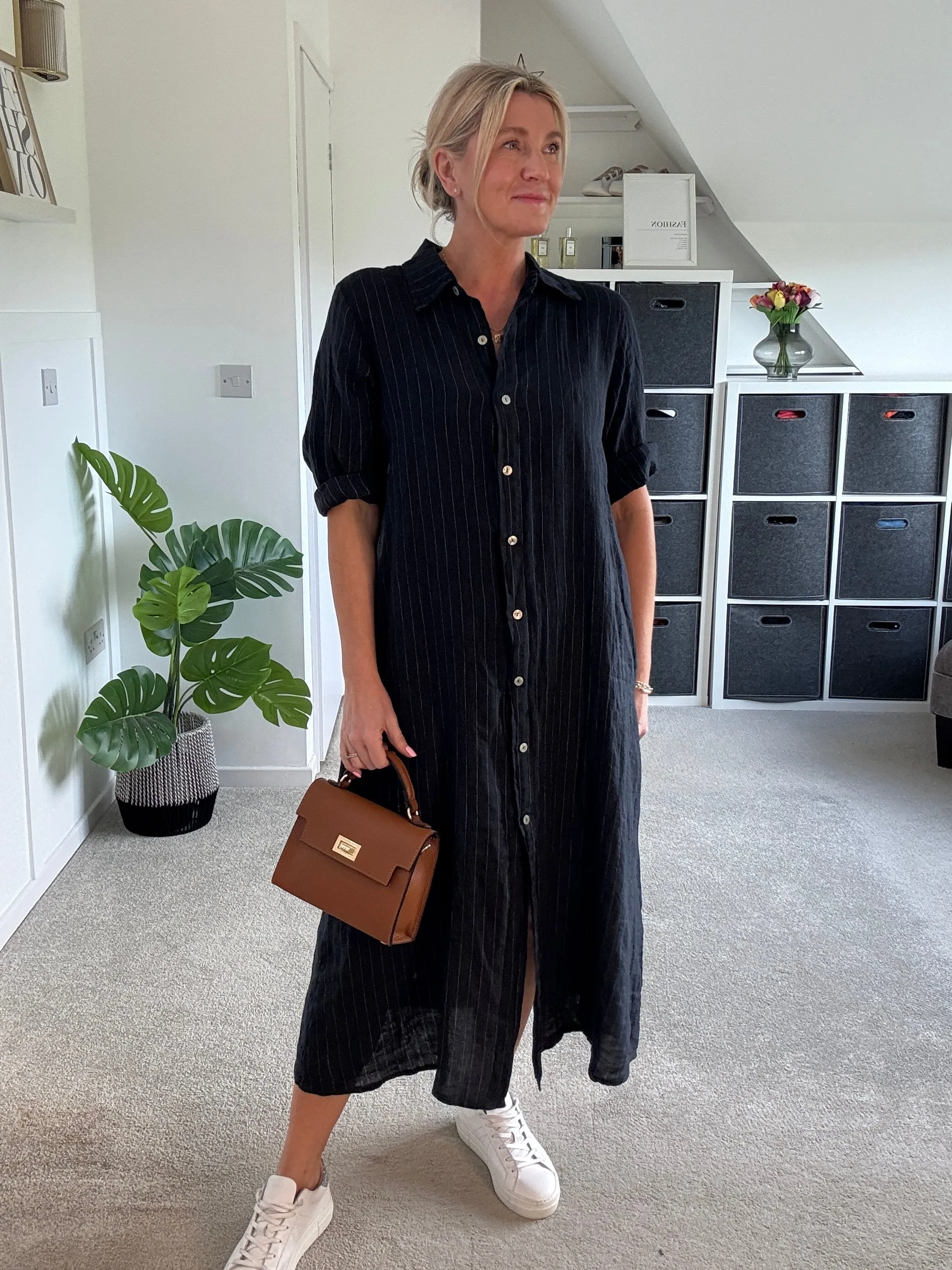 Khaki Pinstripe Linen Shirt Dress