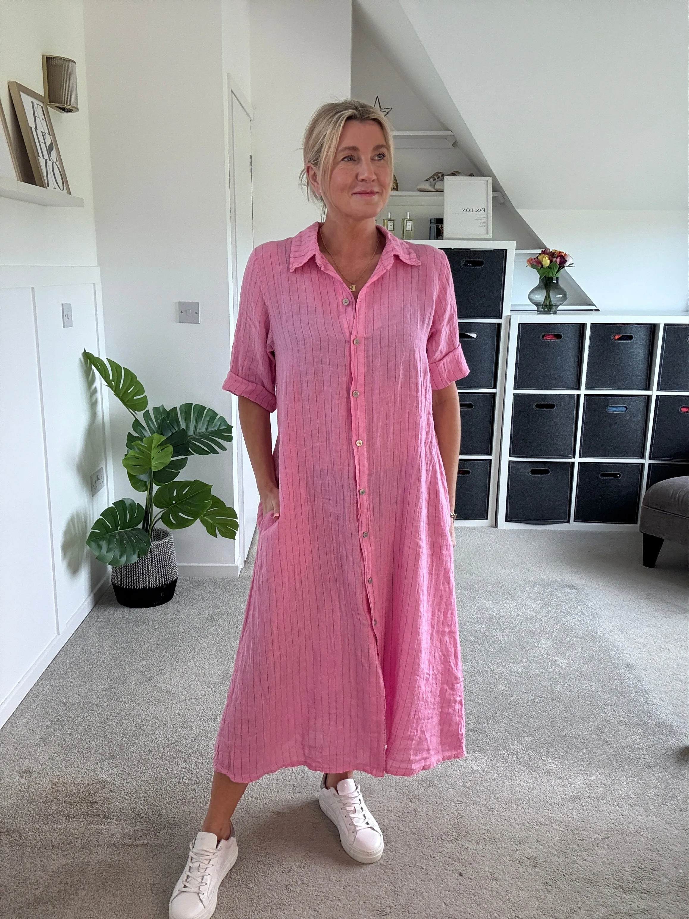 Khaki Pinstripe Linen Shirt Dress