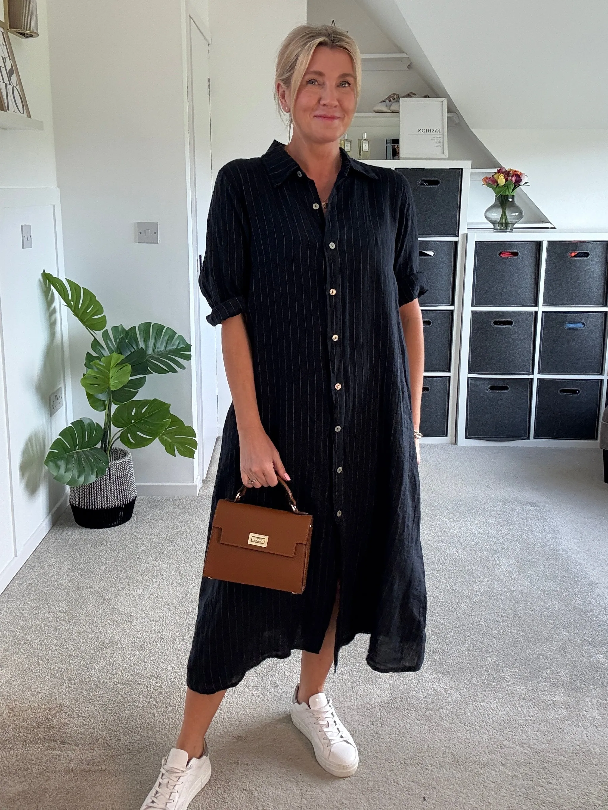 Khaki Pinstripe Linen Shirt Dress