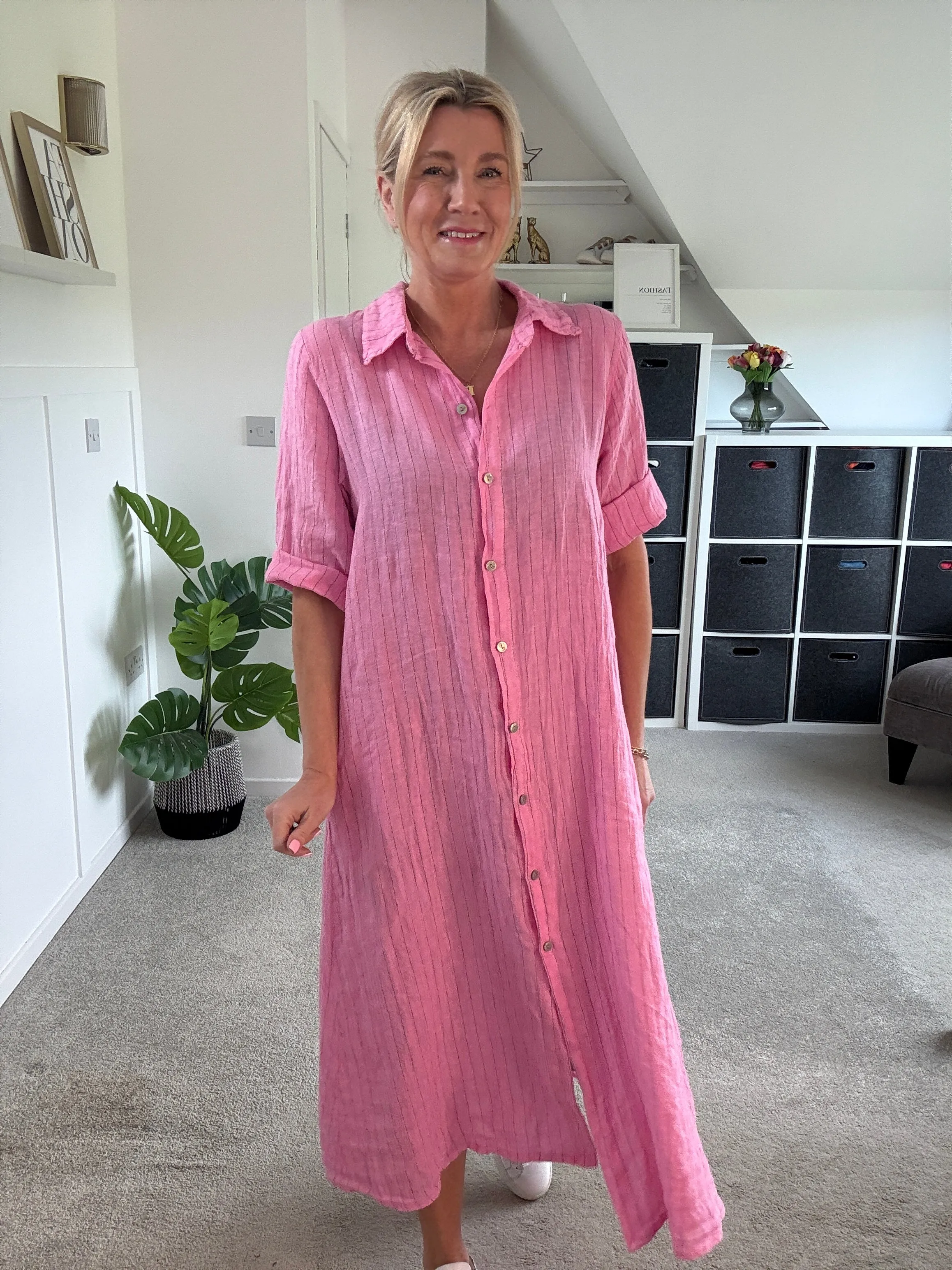 Khaki Pinstripe Linen Shirt Dress