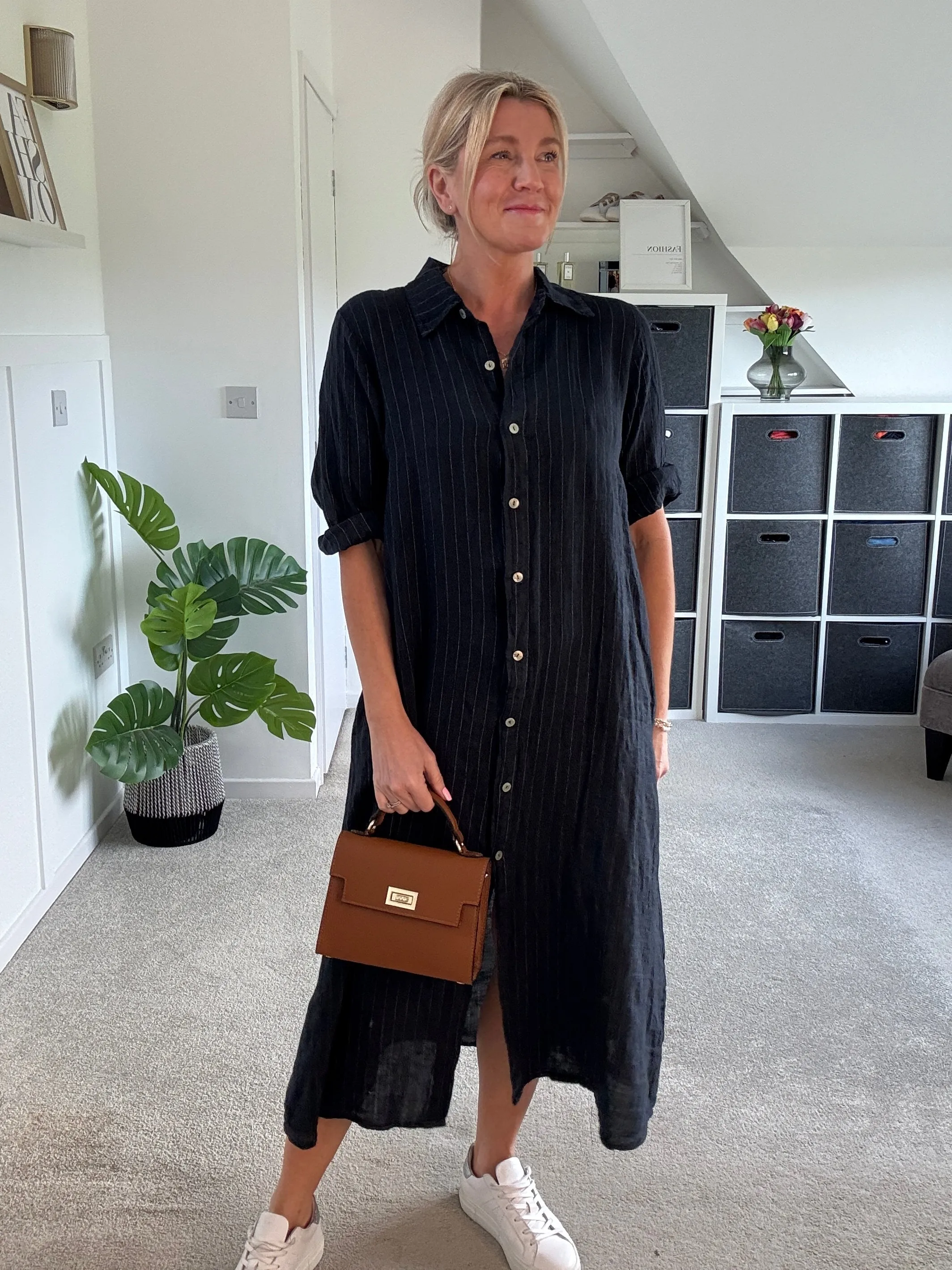 Khaki Pinstripe Linen Shirt Dress