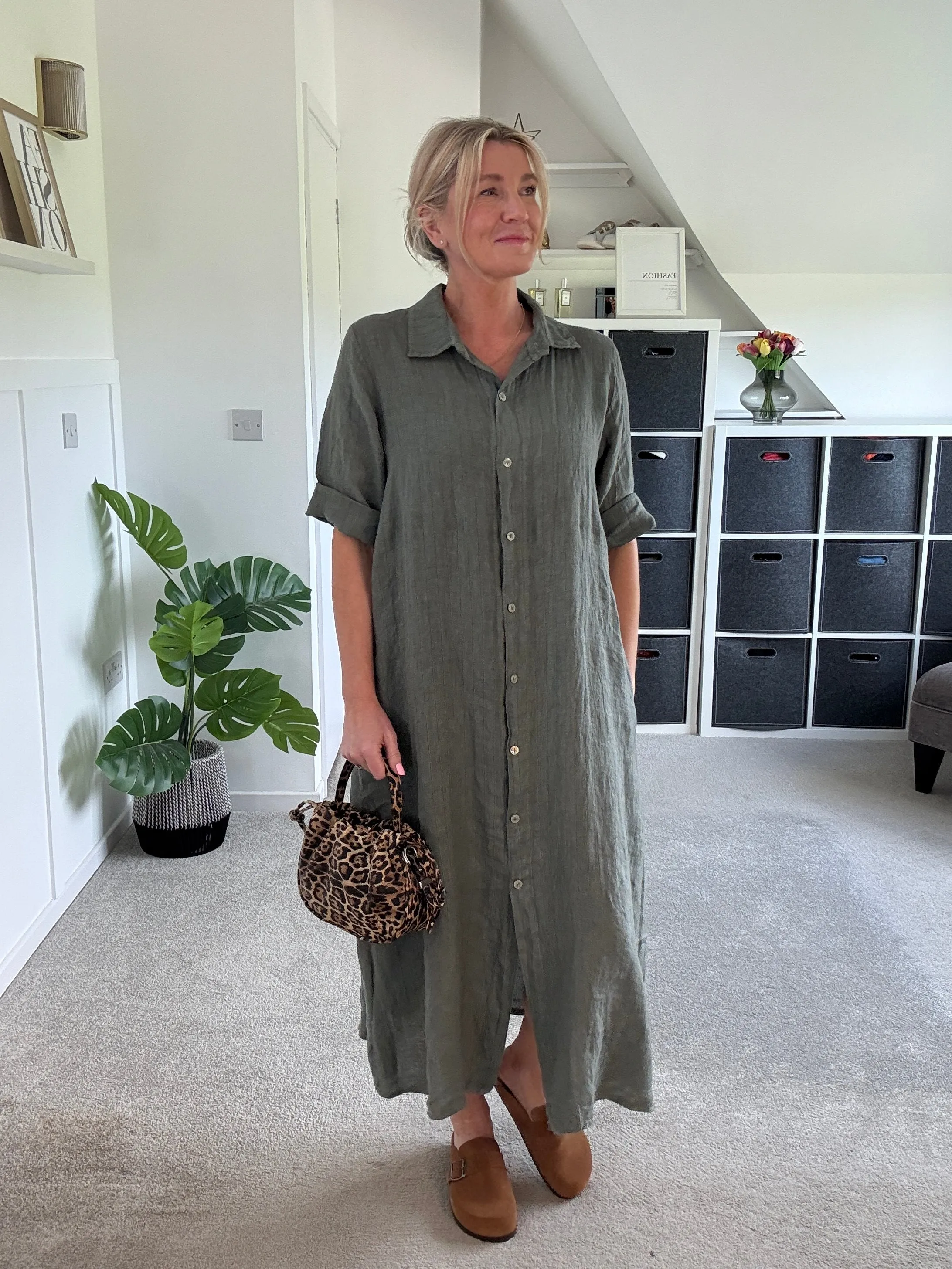 Khaki Pinstripe Linen Shirt Dress