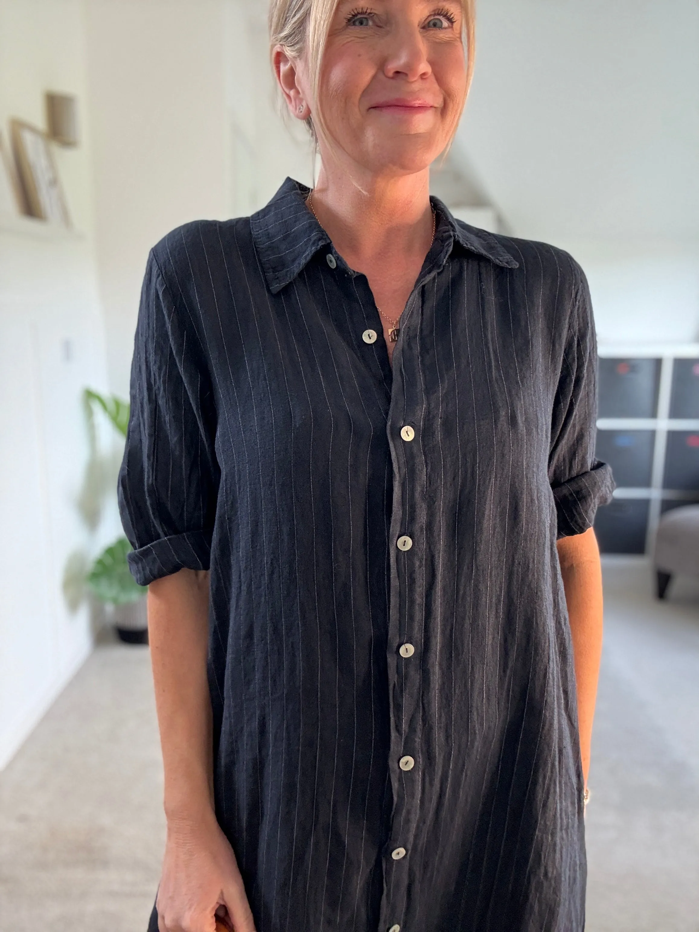 Khaki Pinstripe Linen Shirt Dress