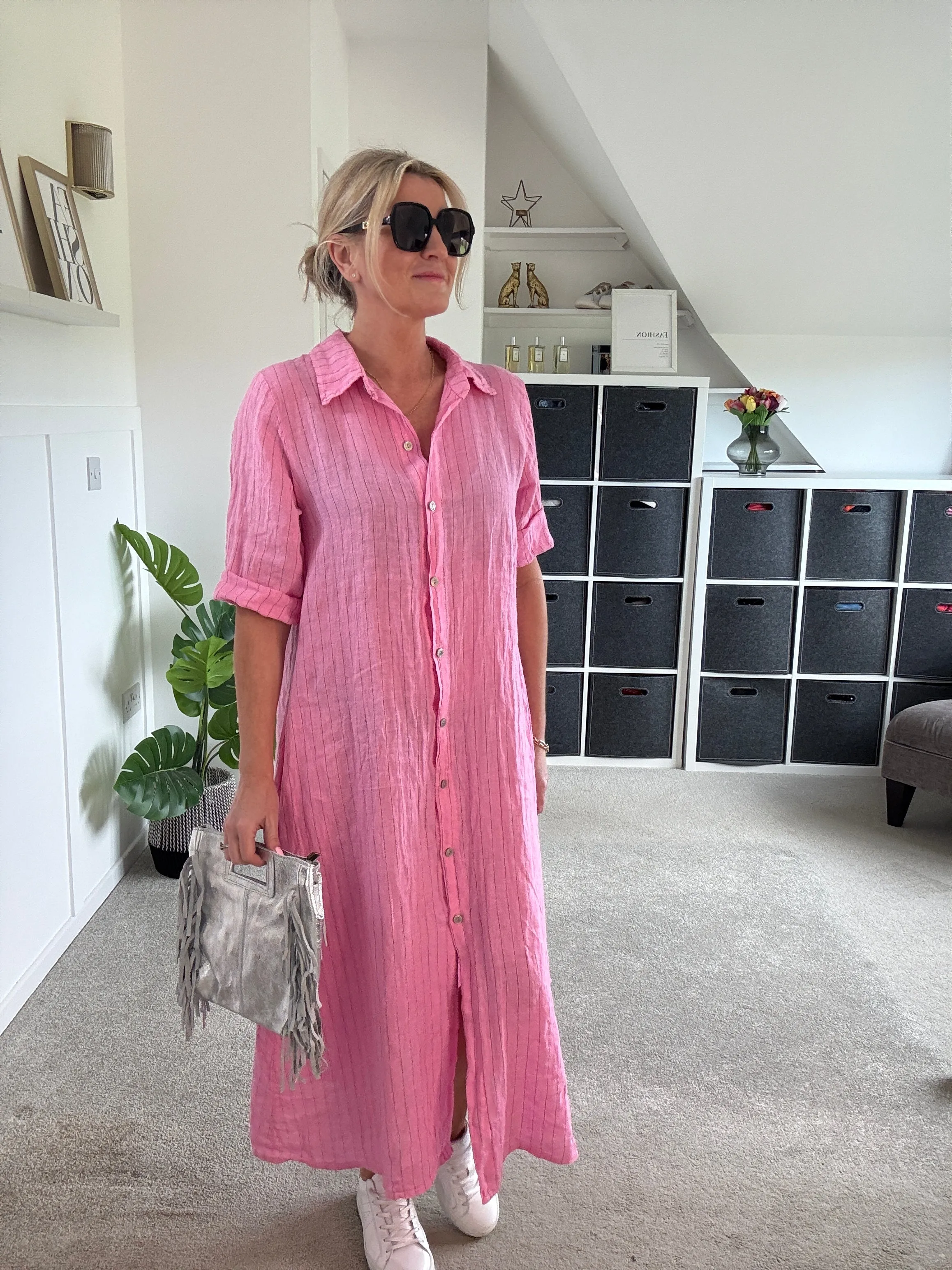 Khaki Pinstripe Linen Shirt Dress