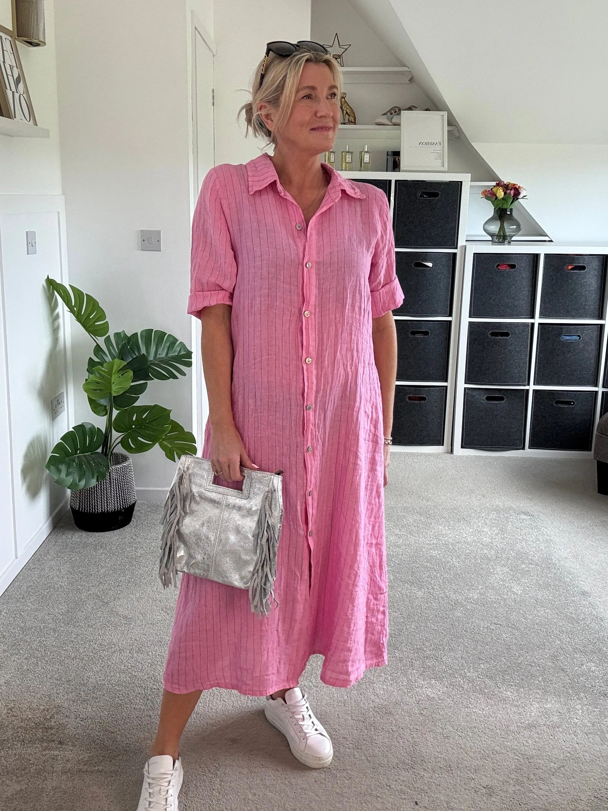 Khaki Pinstripe Linen Shirt Dress