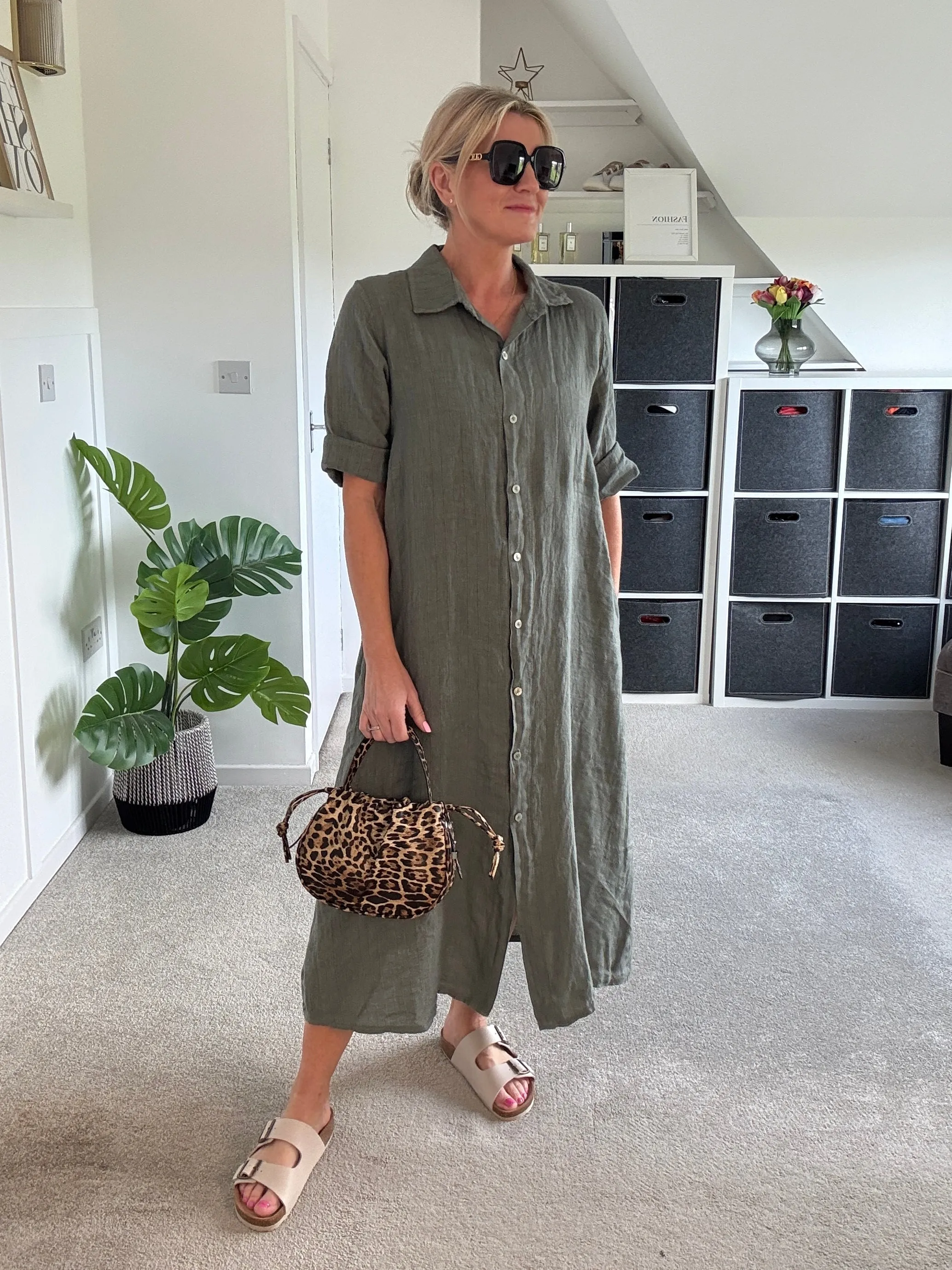 Khaki Pinstripe Linen Shirt Dress