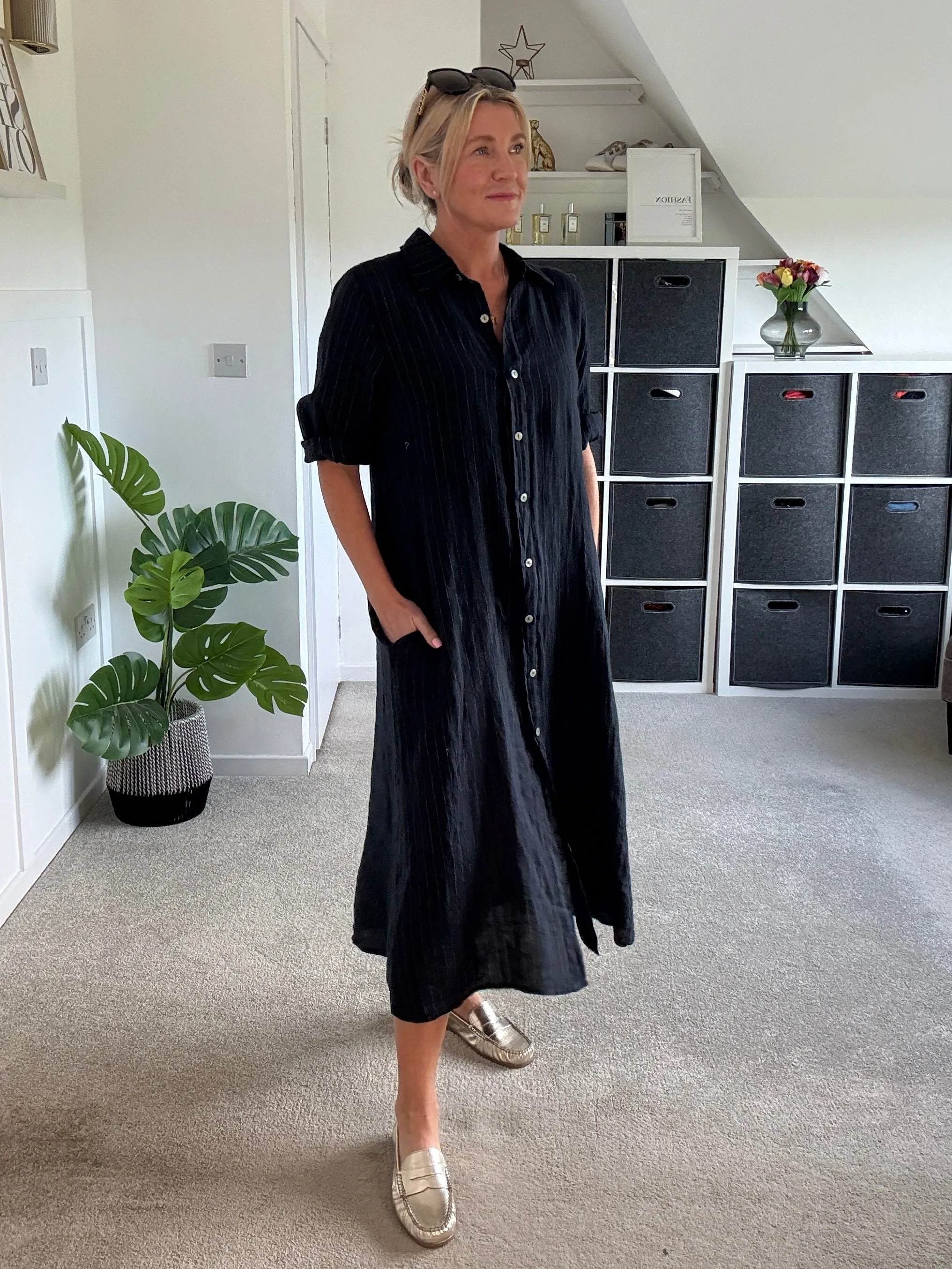 Khaki Pinstripe Linen Shirt Dress
