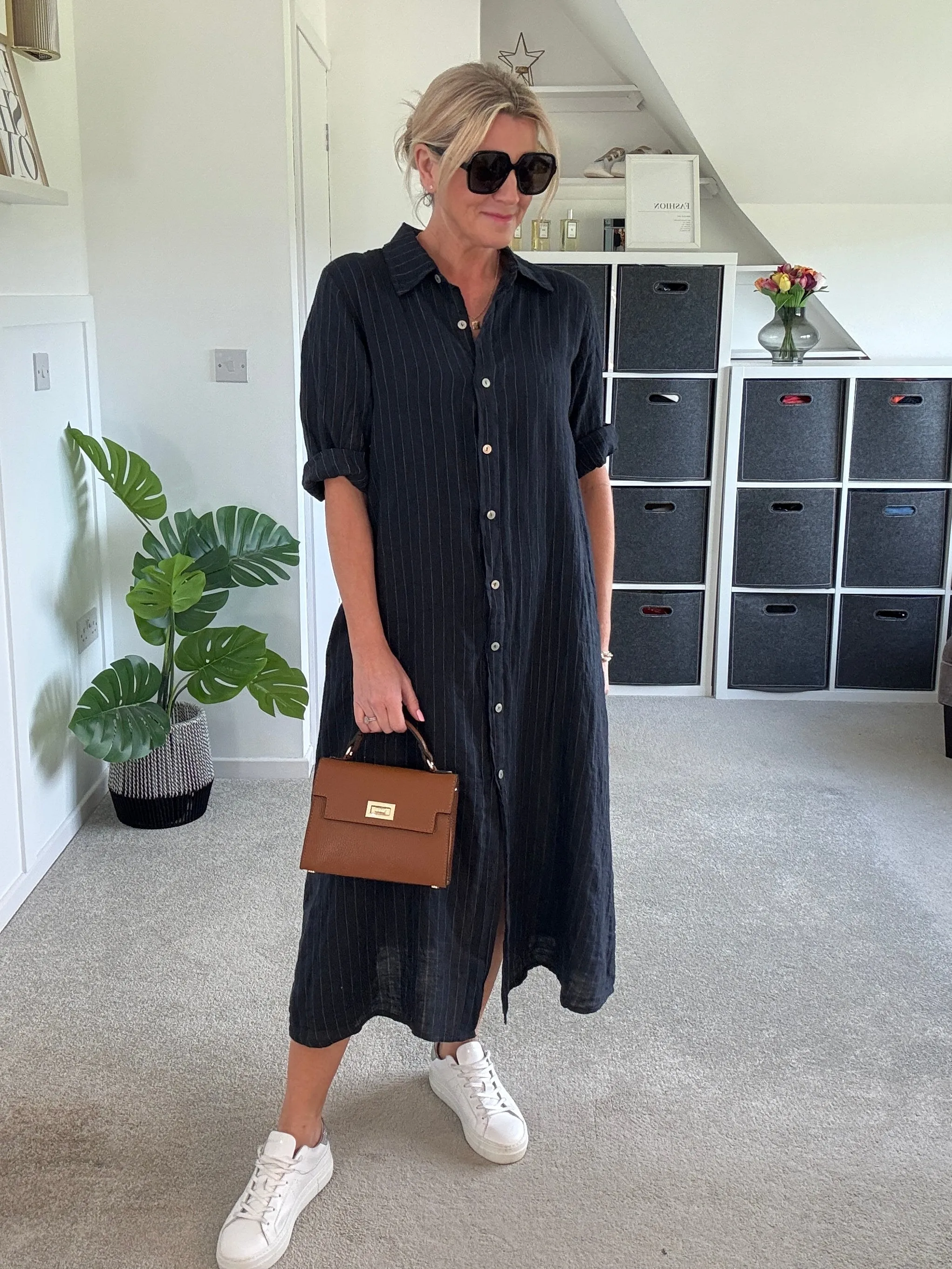 Khaki Pinstripe Linen Shirt Dress