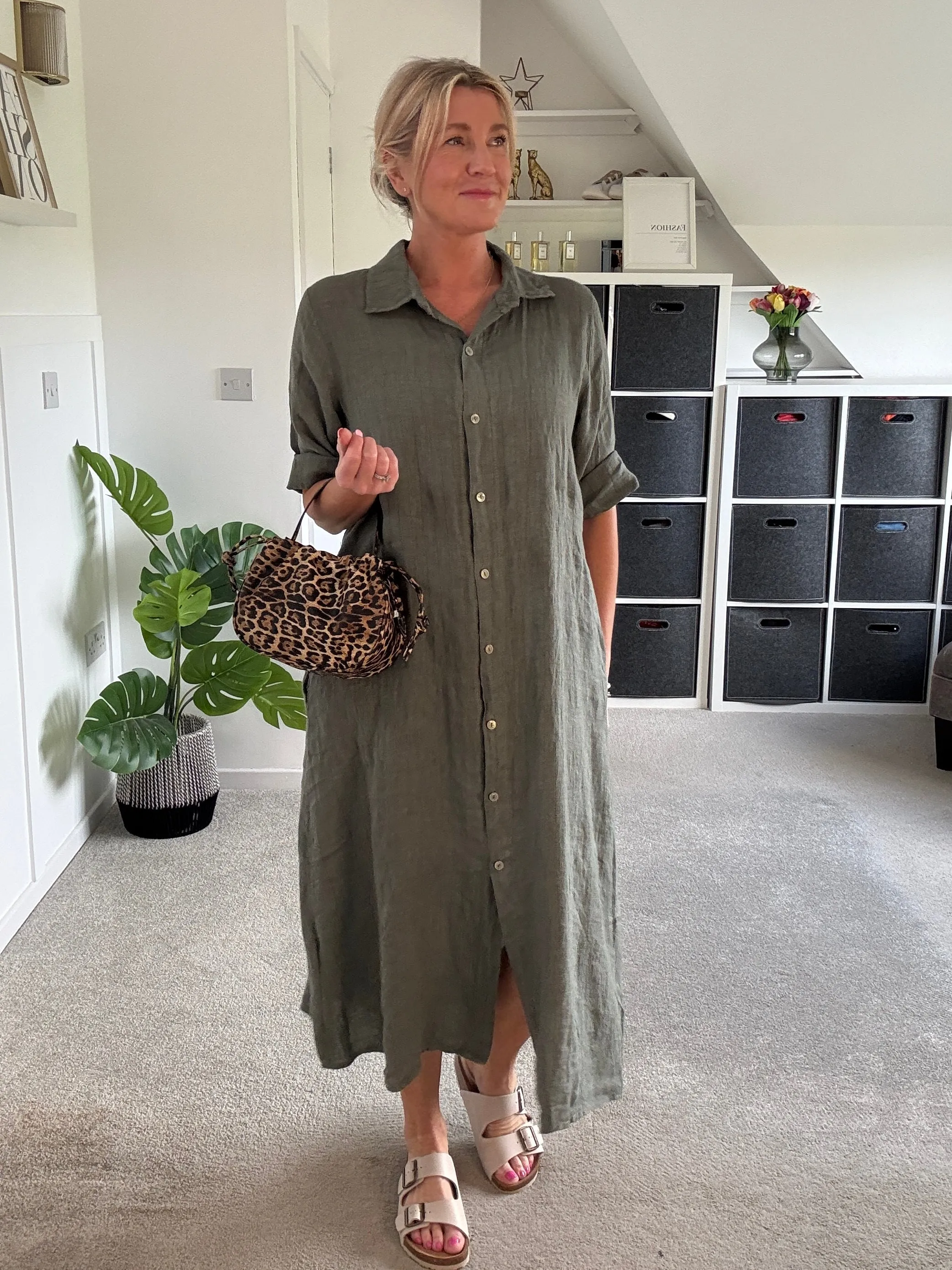Khaki Pinstripe Linen Shirt Dress