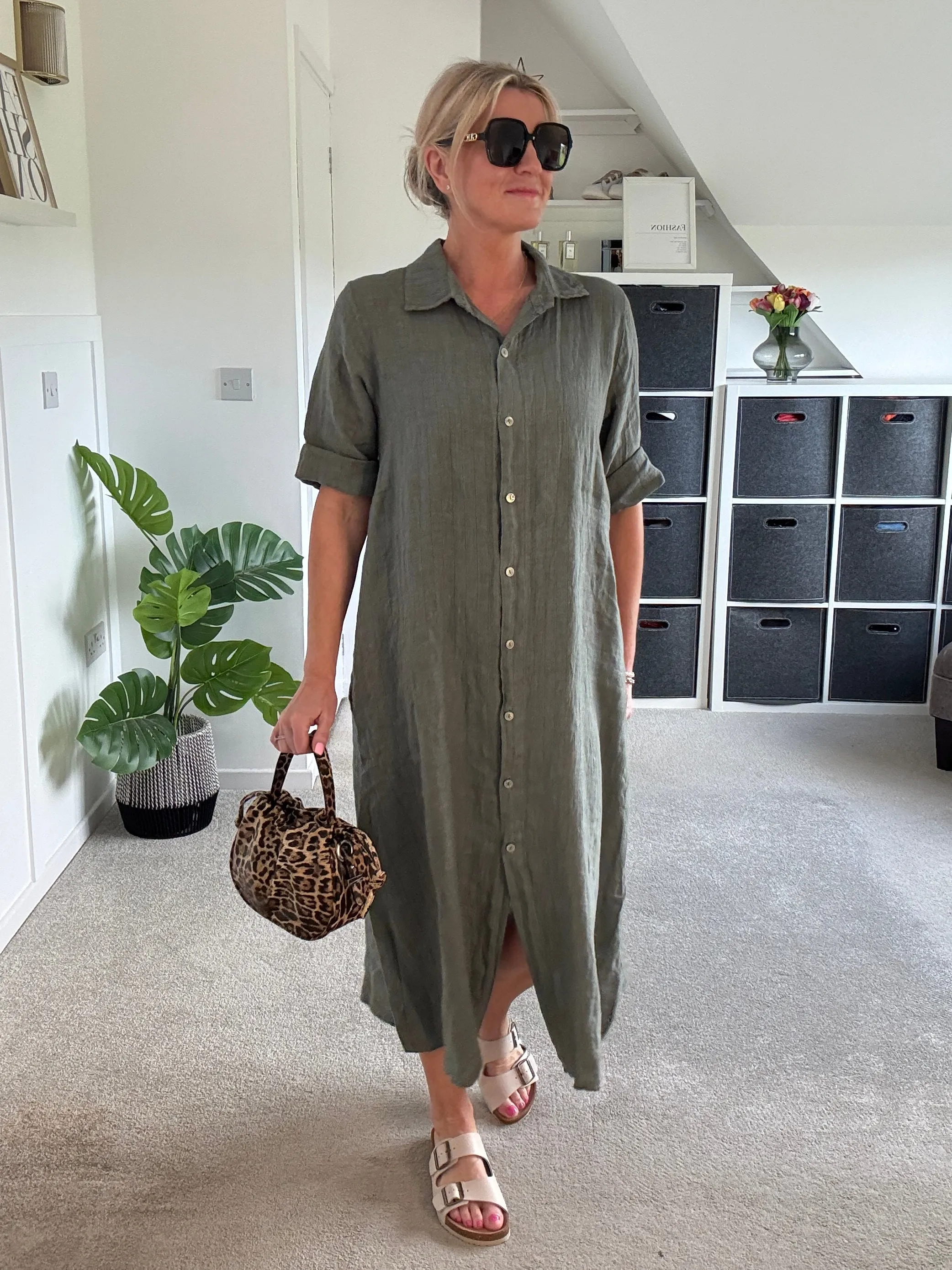 Khaki Pinstripe Linen Shirt Dress