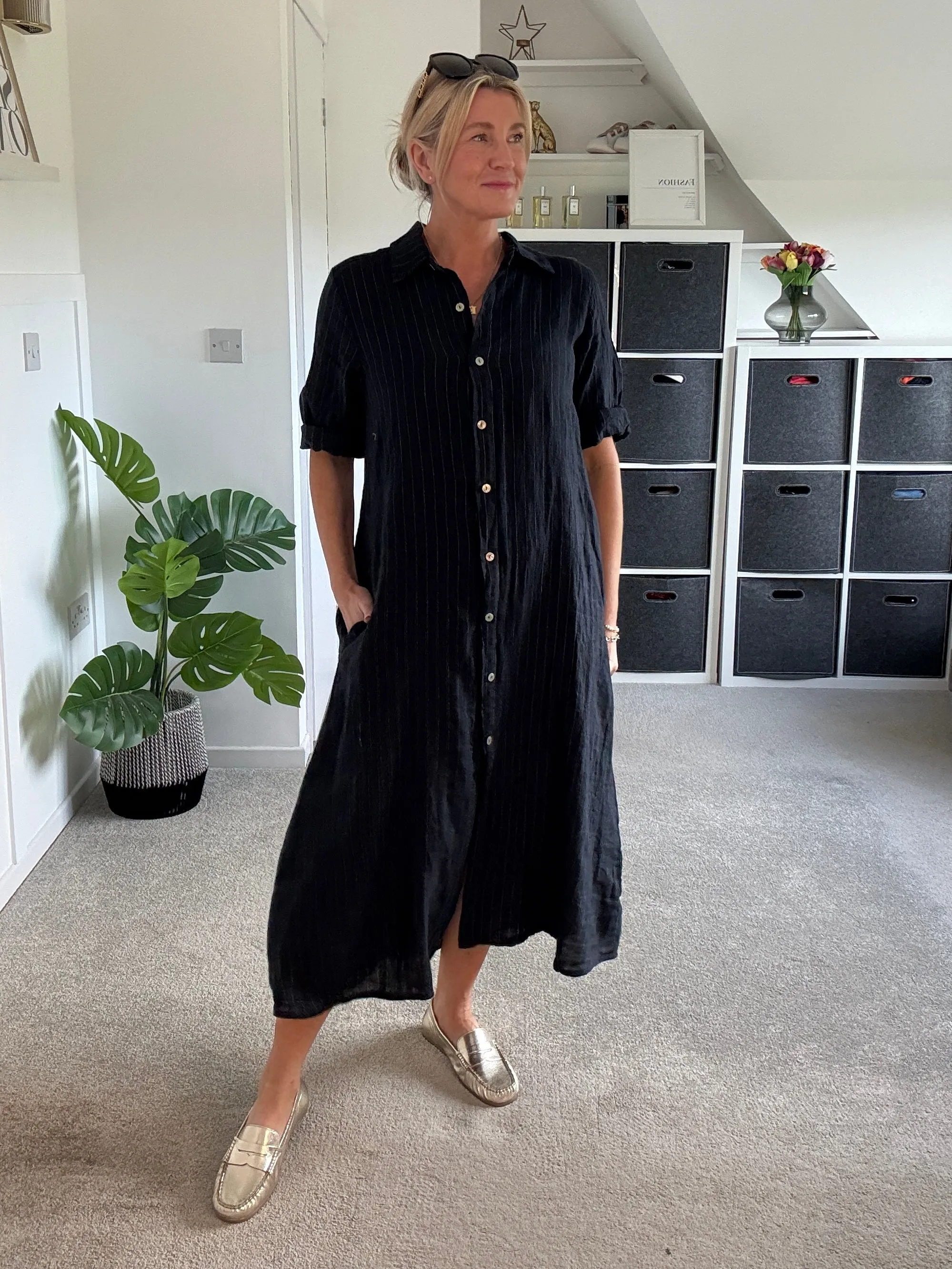 Khaki Pinstripe Linen Shirt Dress