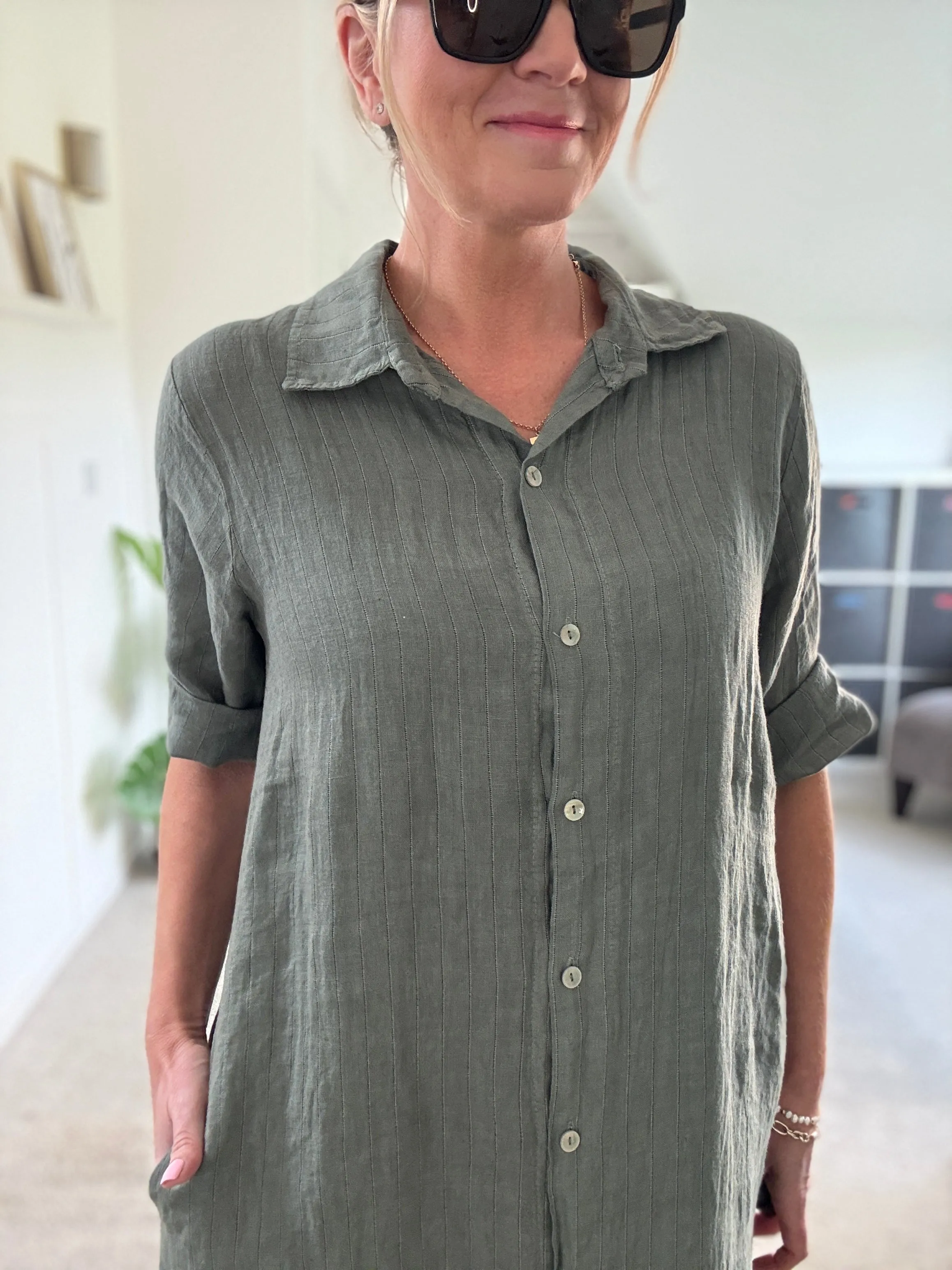 Khaki Pinstripe Linen Shirt Dress