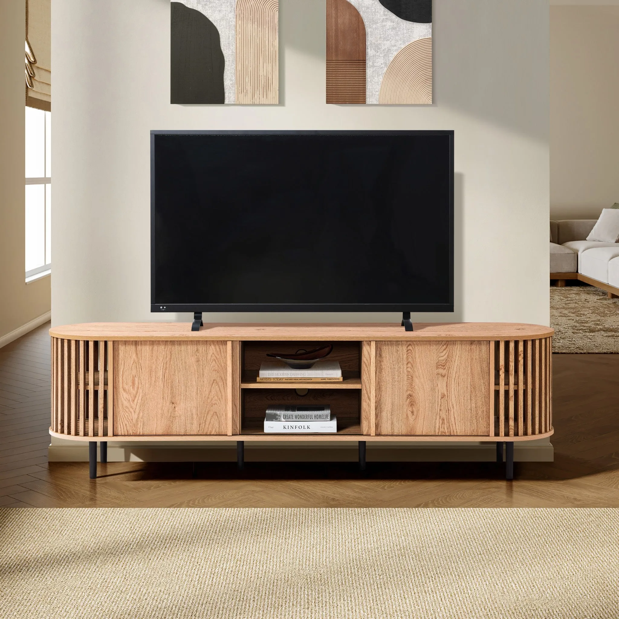 Light oak finish engineered wood 2-door and open storage 71-inch wide tv console
