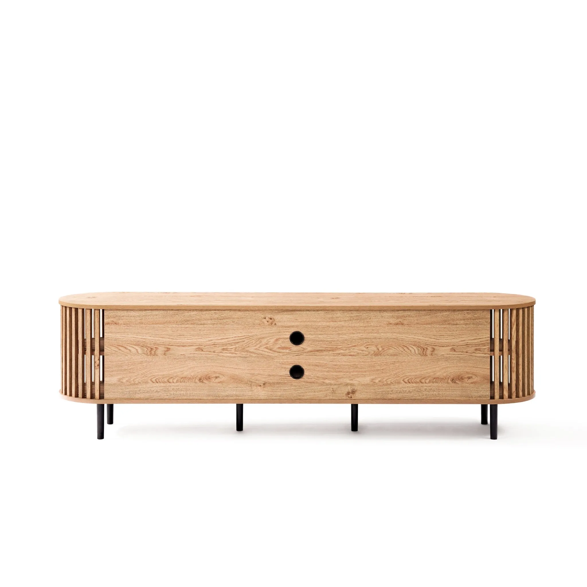 Light oak finish engineered wood 2-door and open storage 71-inch wide tv console