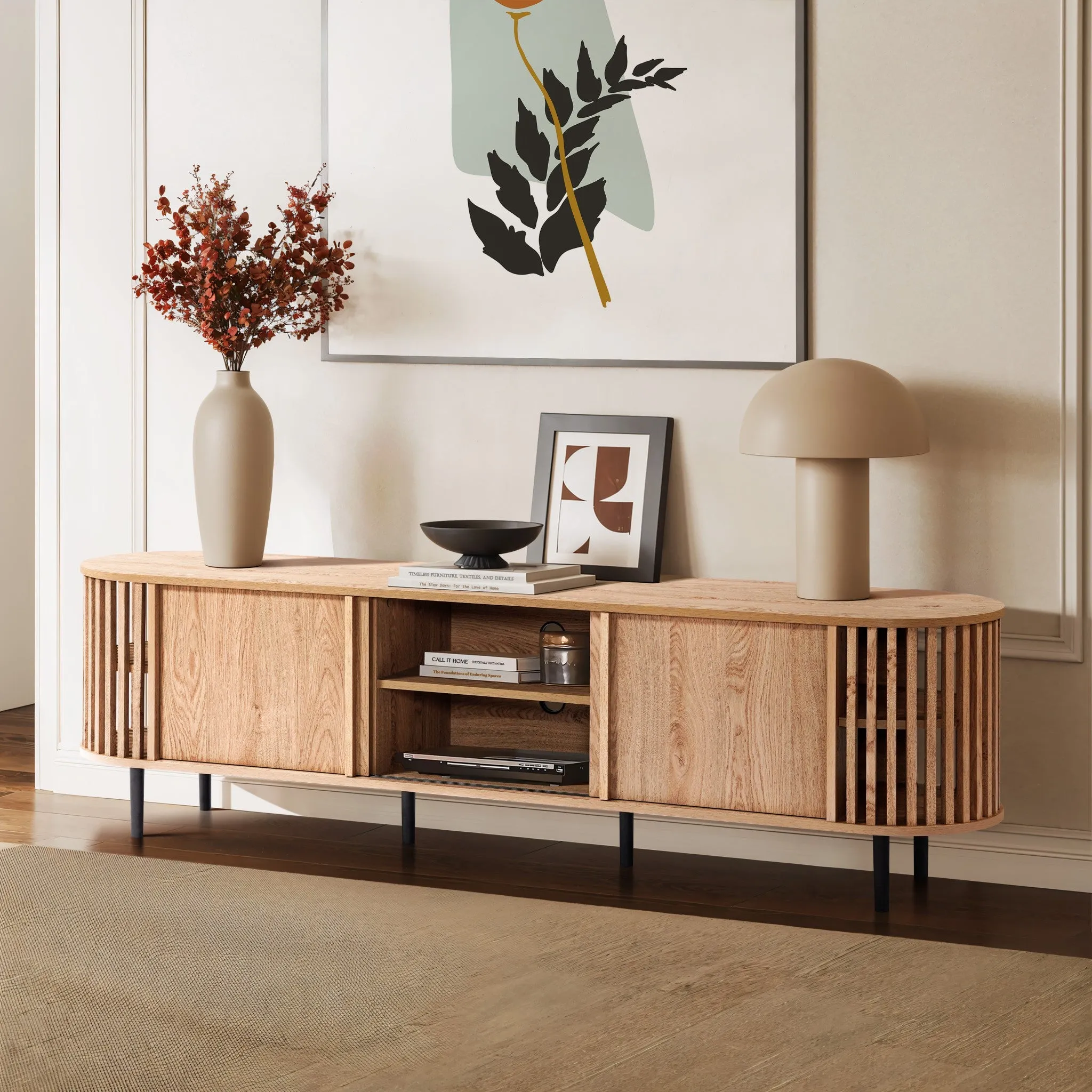 Light oak finish engineered wood 2-door and open storage 71-inch wide tv console