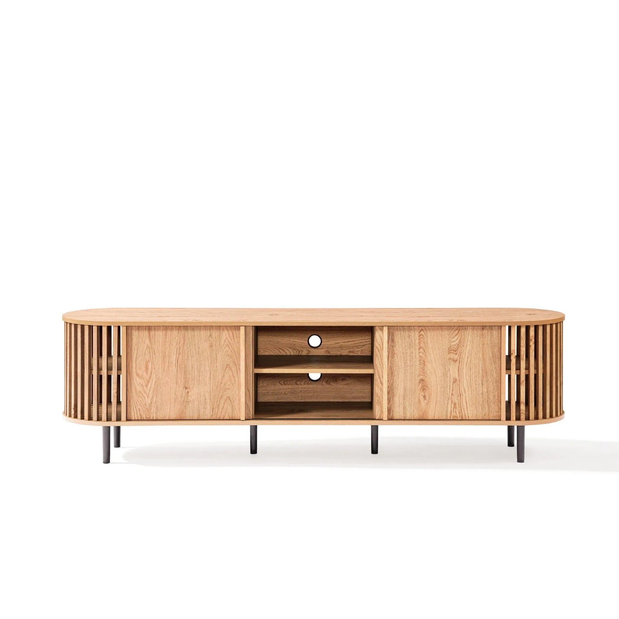 Light oak finish engineered wood 2-door and open storage 71-inch wide tv console