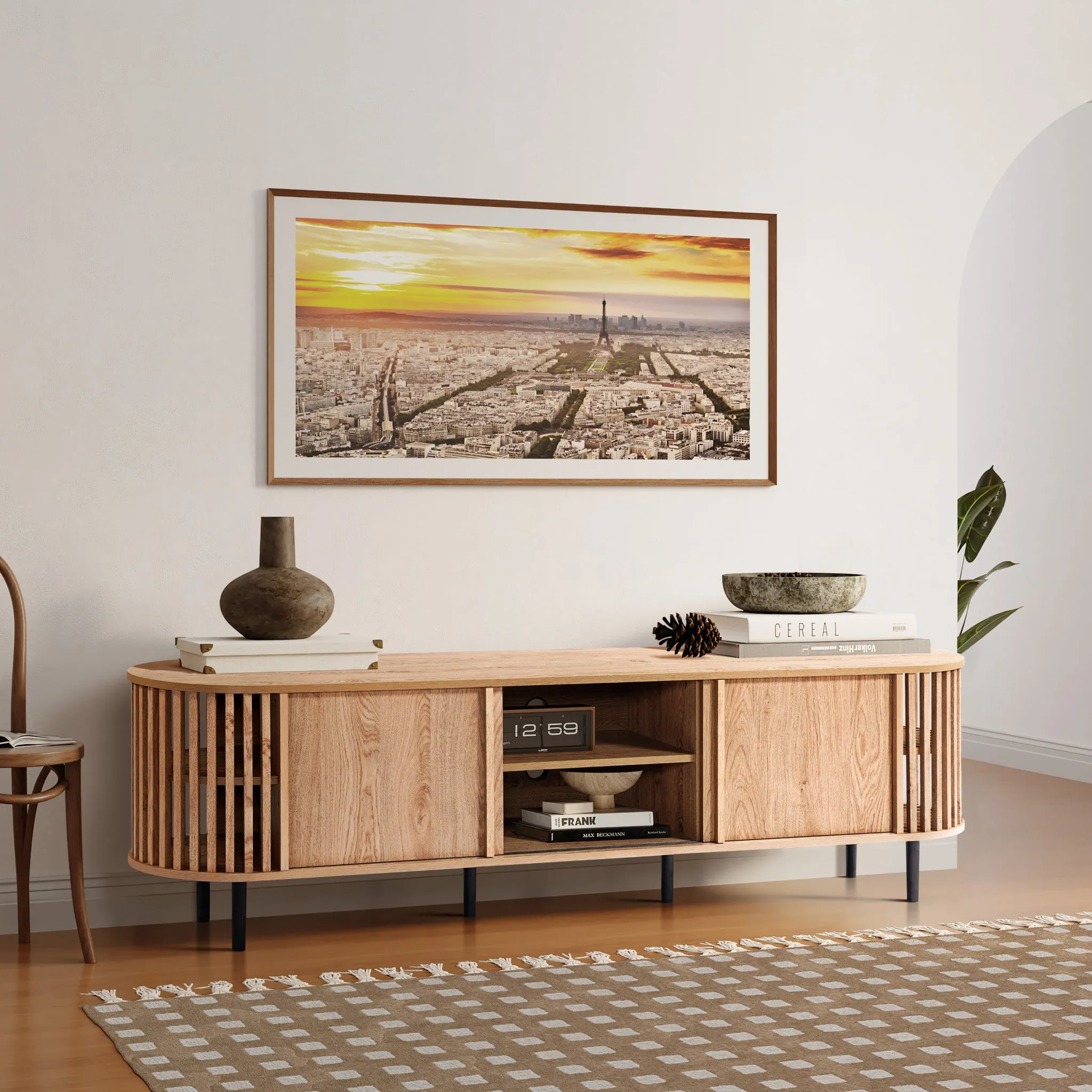 Light oak finish engineered wood 2-door and open storage 71-inch wide tv console