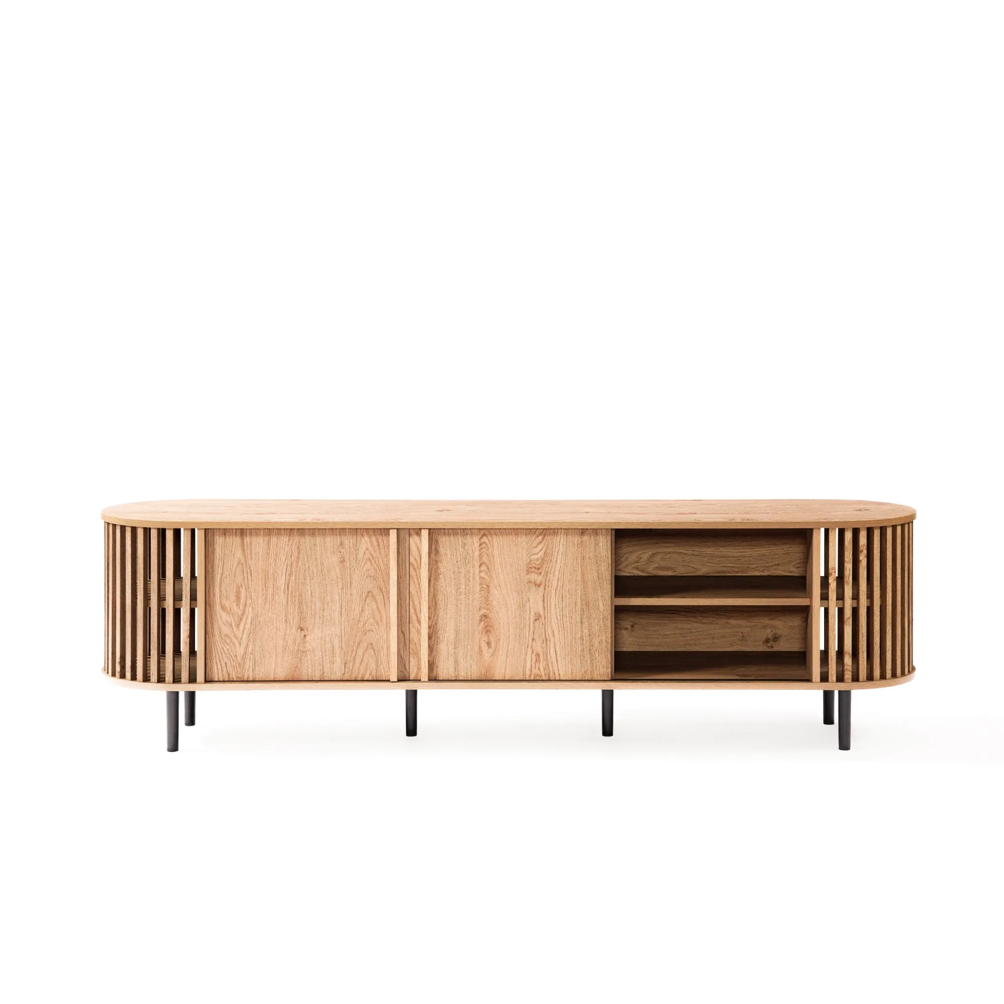 Light oak finish engineered wood 2-door and open storage 71-inch wide tv console