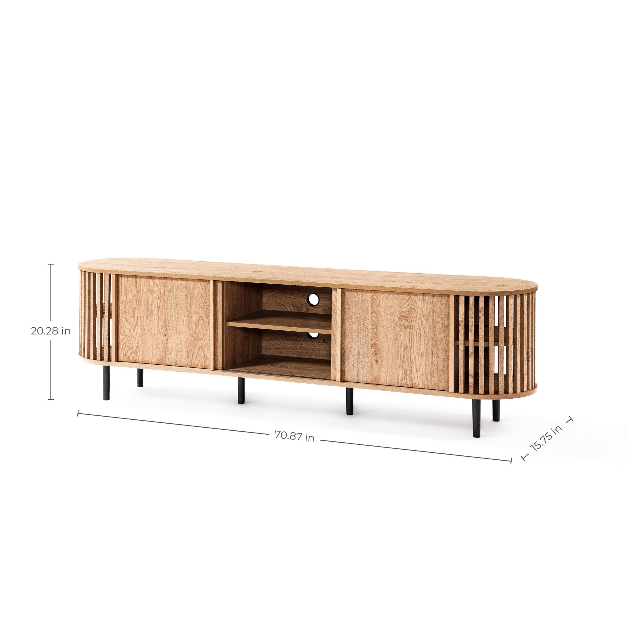 Light oak finish engineered wood 2-door and open storage 71-inch wide tv console