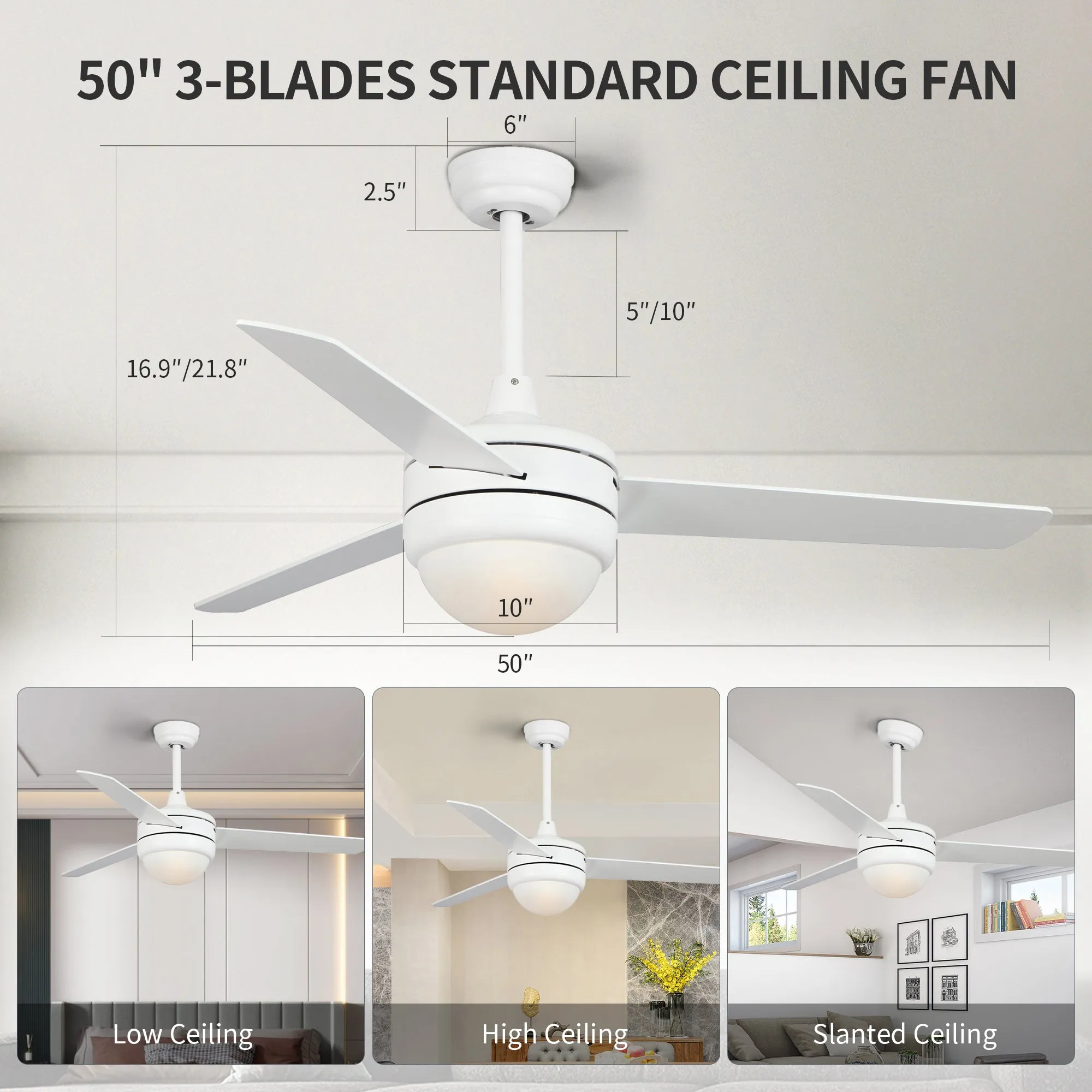 Misty Valley 50in. Modern White Ceiling Fan with Light, Remote Control Quiet Reversible Motor Ceiling Fan For Patio Living Room,