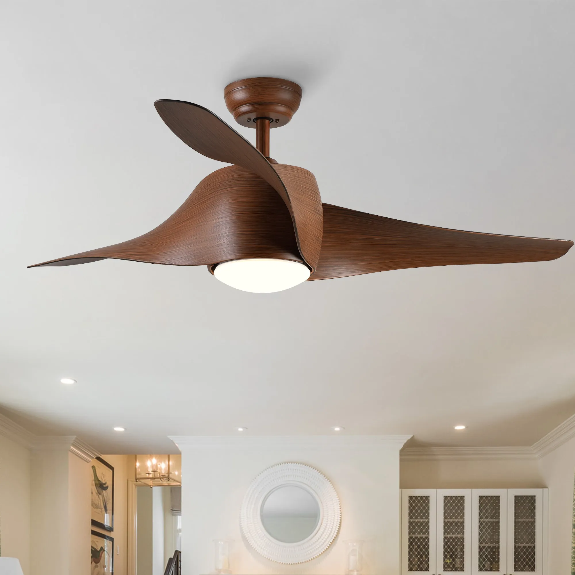 Misty Valley 52in. Integrated LED Modern Brown Ceiling Fan with Light, Wood Grain Blade