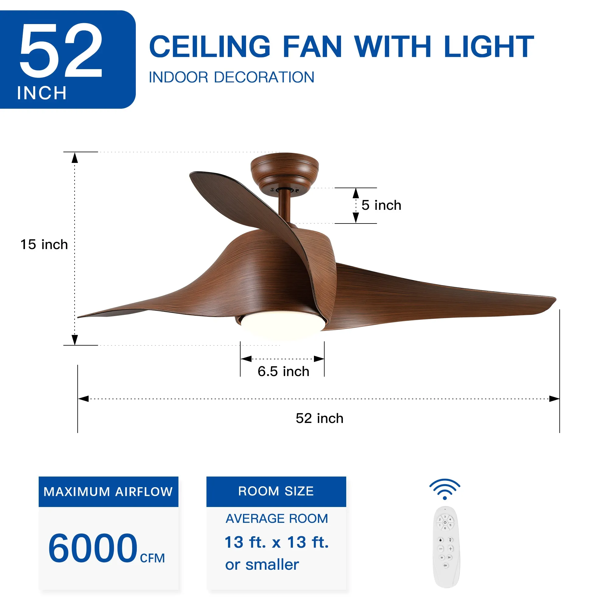 Misty Valley 52in. Integrated LED Modern Brown Ceiling Fan with Light, Wood Grain Blade